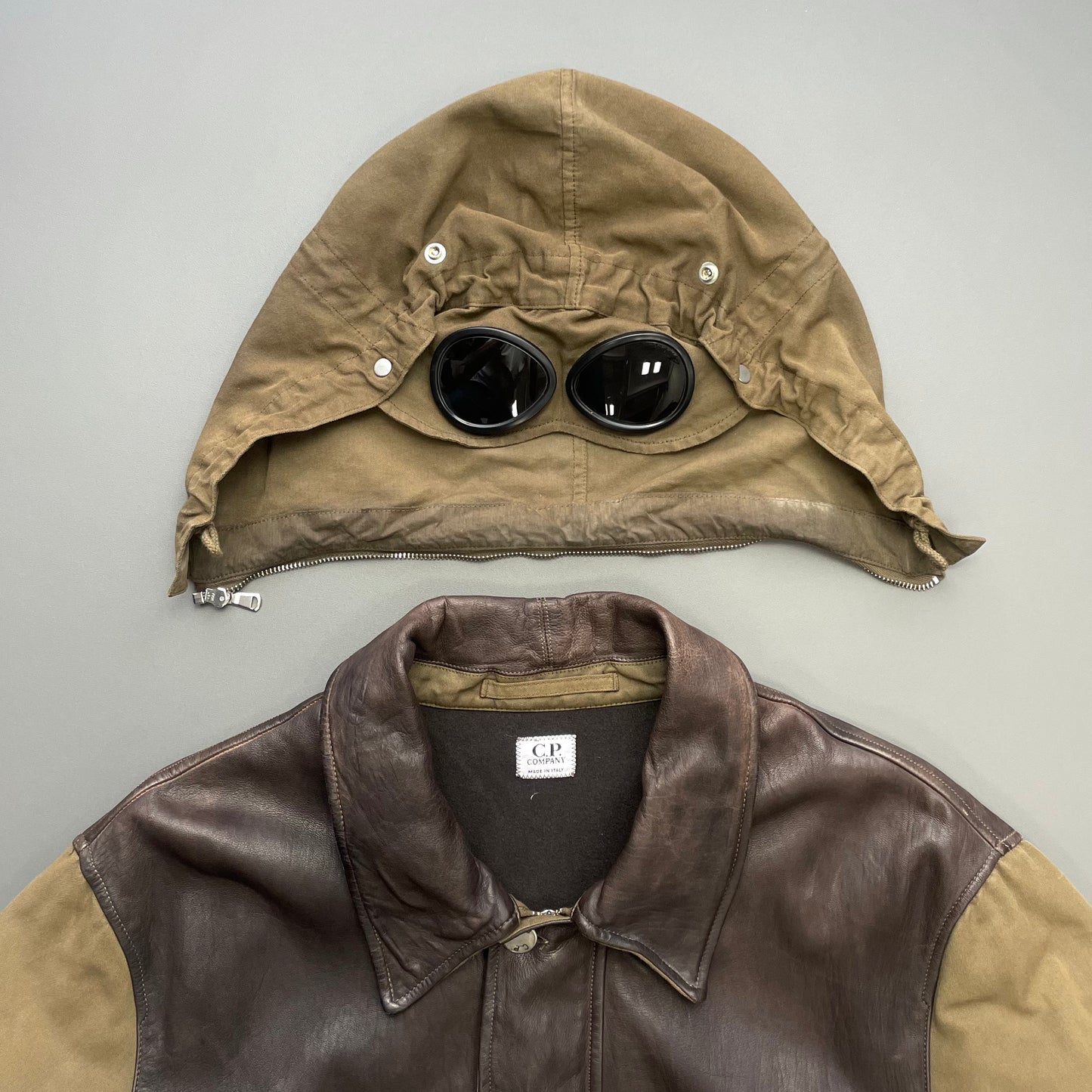 C.P. Company Brown & Khaki AW05 Leather Green Lens Mille Miglia Goggle Jacket