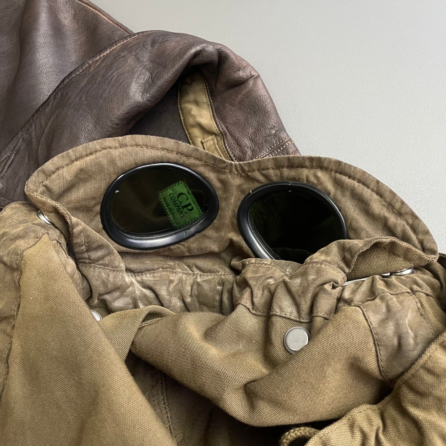 C.P. Company Brown & Khaki AW05 Leather Green Lens Mille Miglia Goggle Jacket