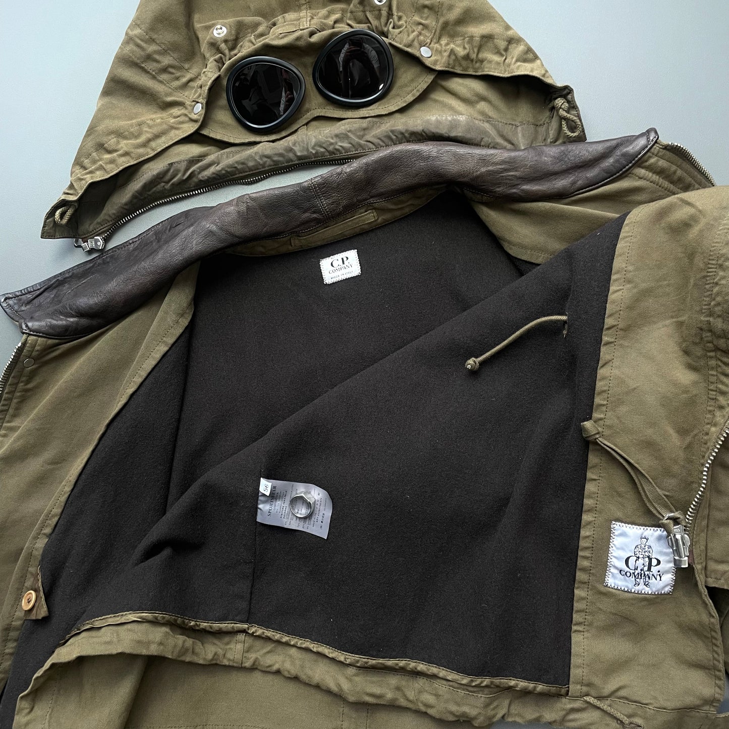 C.P. Company Brown & Khaki AW05 Leather Green Lens Mille Miglia Goggle Jacket