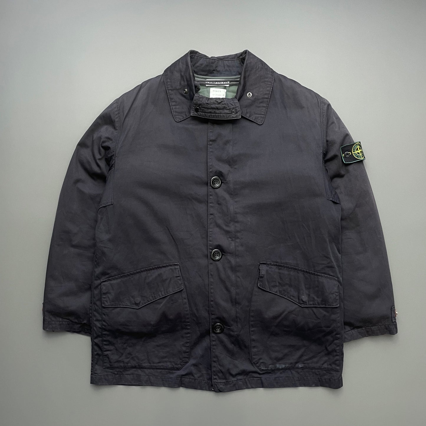 Stone Island Navy AW98 Liner Raso Gommato Green Edge Badge Overcoat Jacket