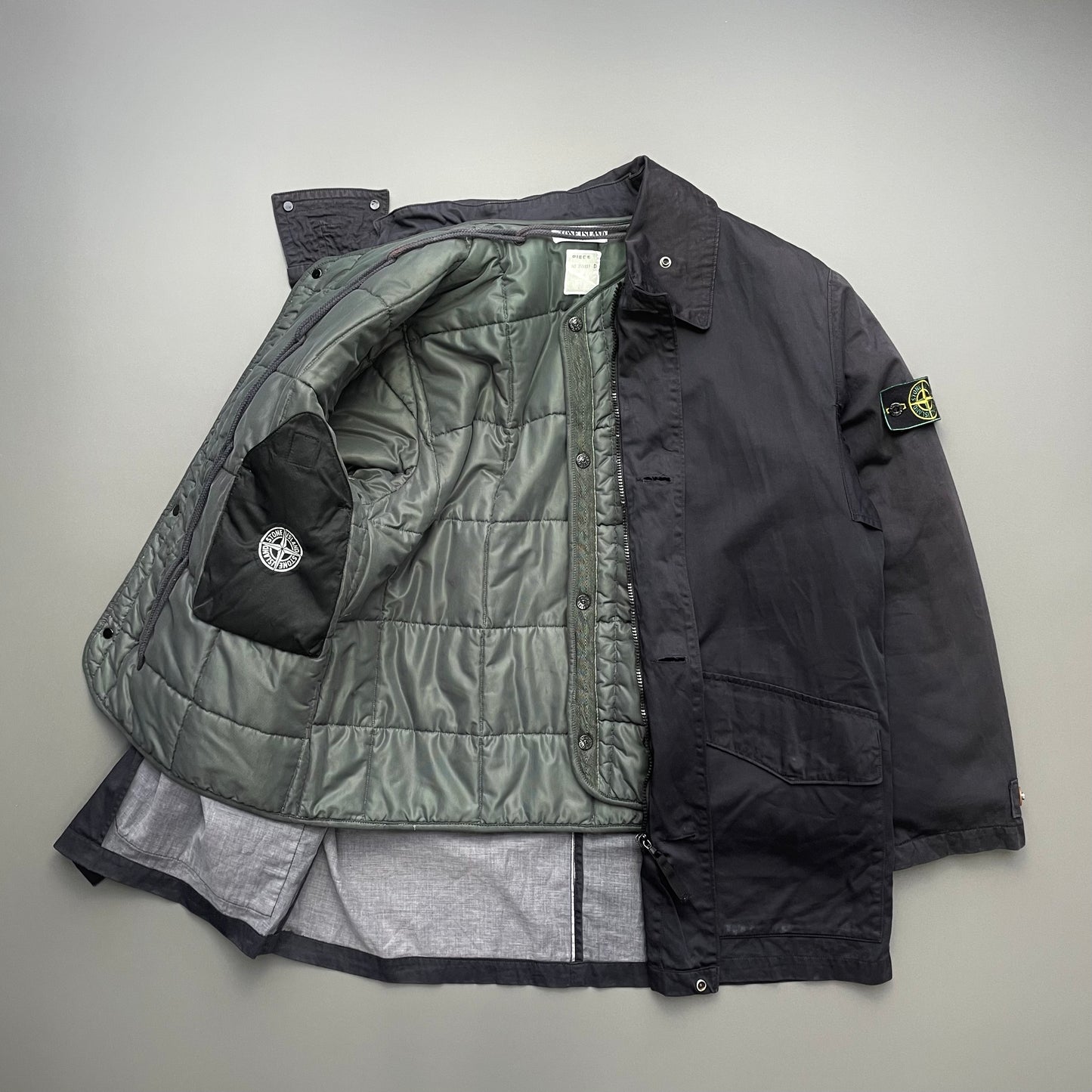 Stone Island Navy AW98 Liner Raso Gommato Green Edge Badge Overcoat Jacket