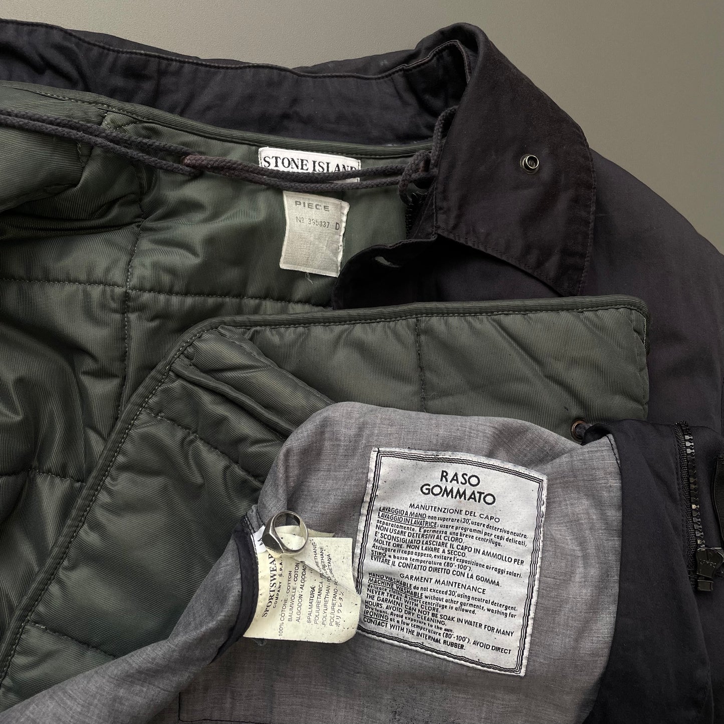 Stone Island Navy AW98 Liner Raso Gommato Green Edge Badge Overcoat Jacket