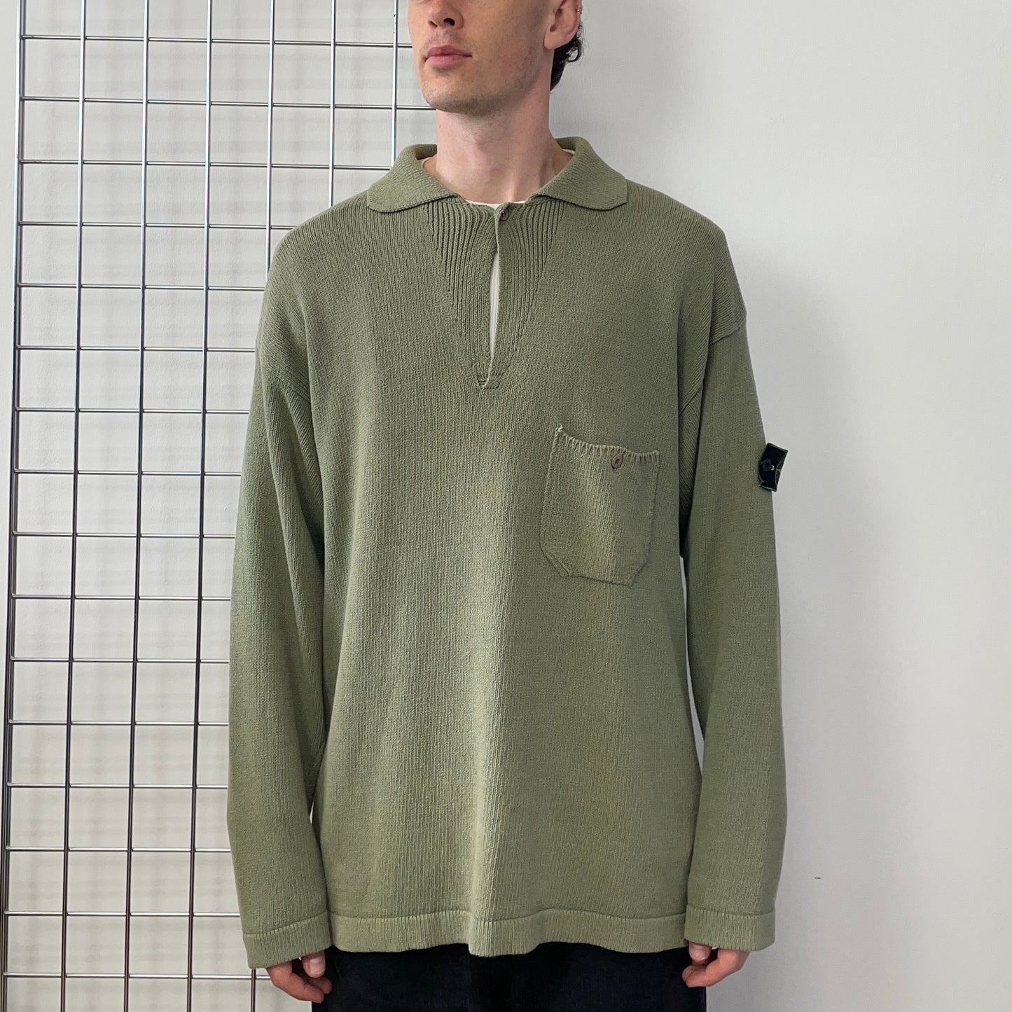 Stone Island Green SS97 Collared Green Edge Badge Knit Jumper
