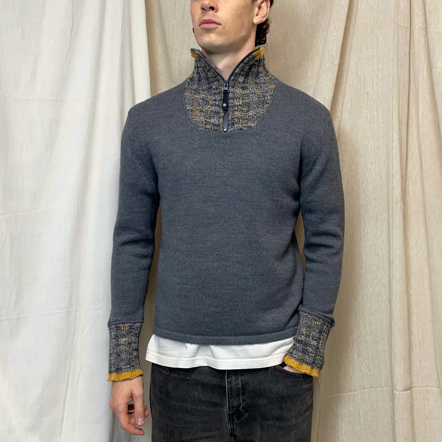 Armani Jeans Grey & Multicolour 00s Alpaca & Wool Blend Knit Half-Zip Jumper