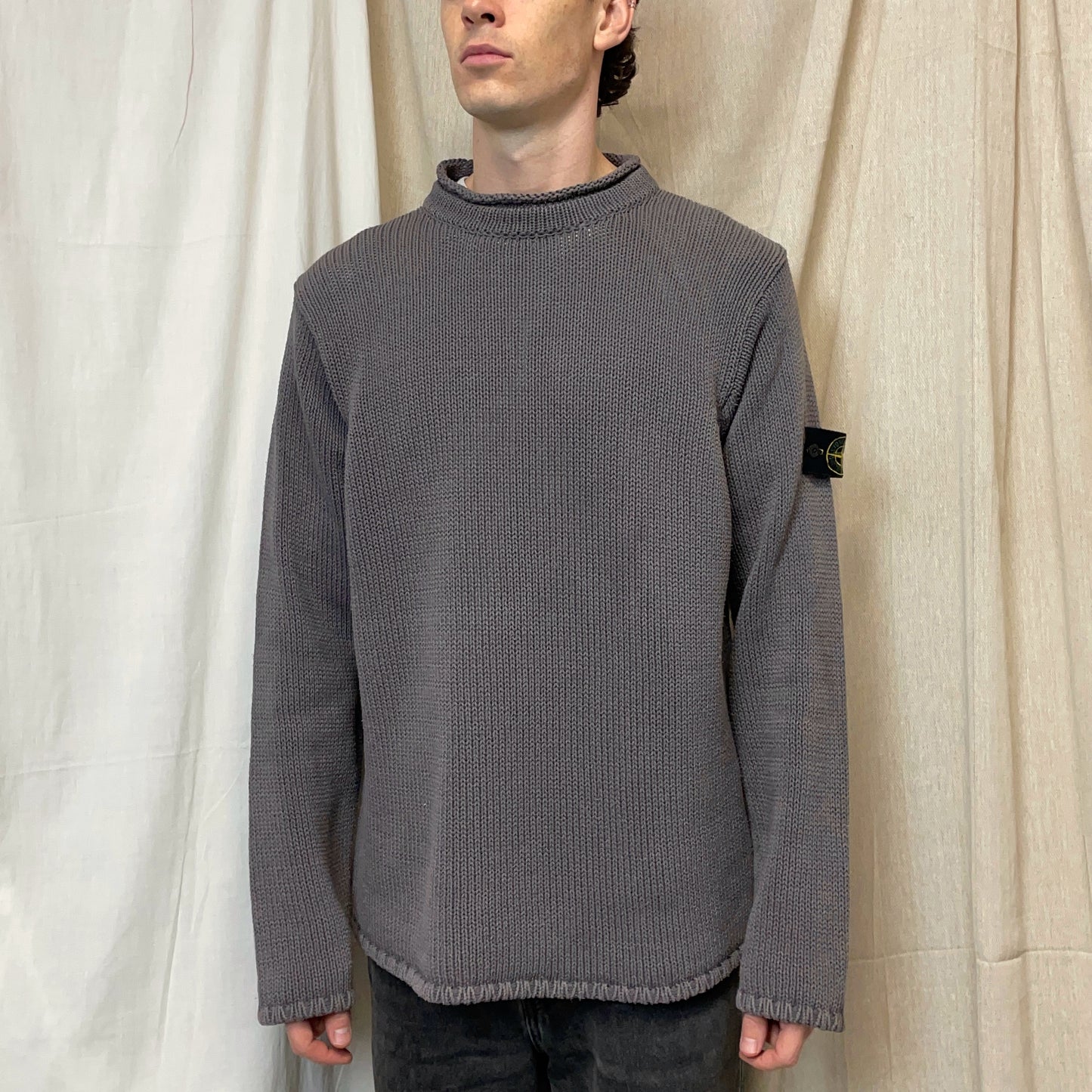 Stone Island Grey SS00 Heavyweight Raw-Edge Collar Knit Jumper