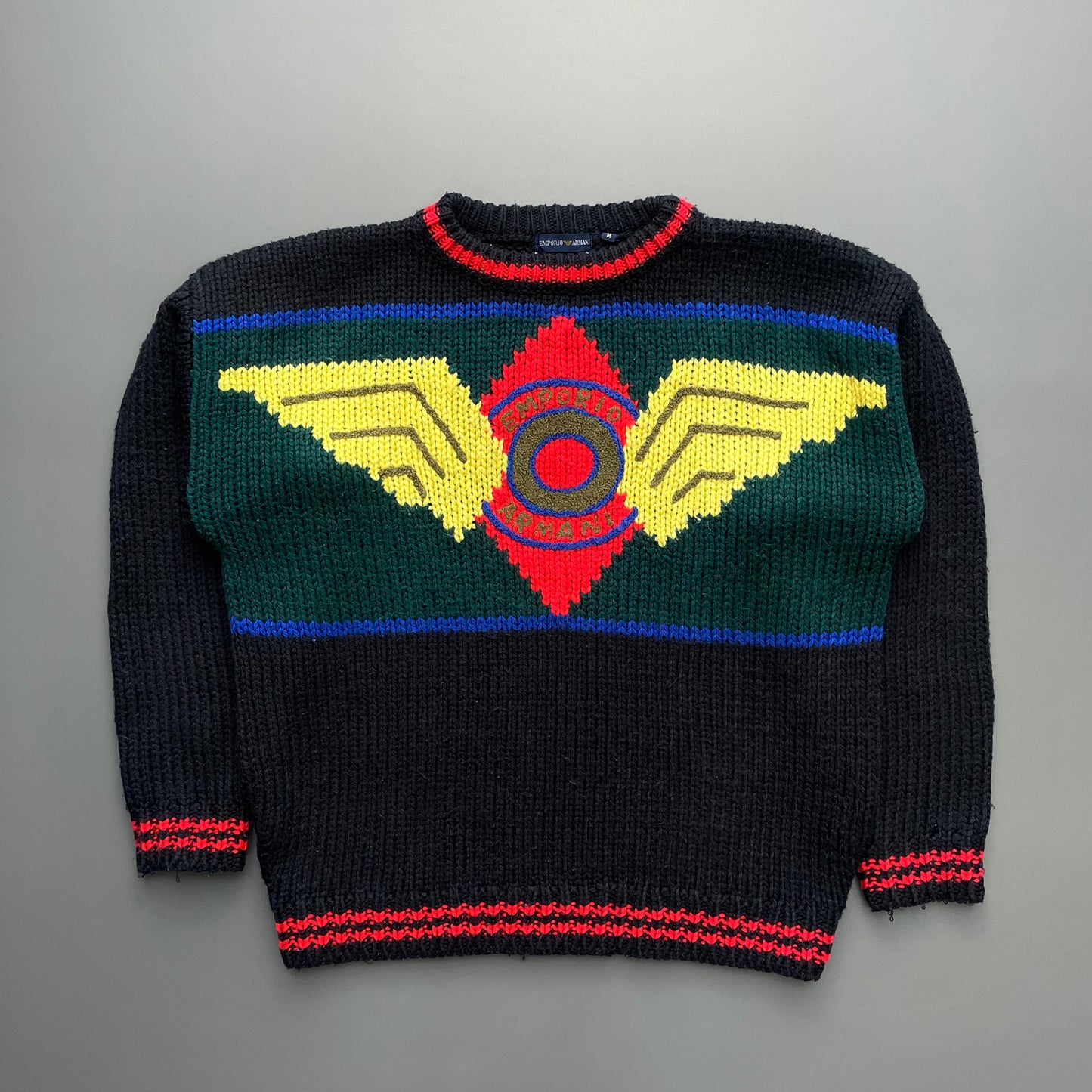 Emporio Armani Black Multi-Colour 80s Chunky Wool Knit Jumper