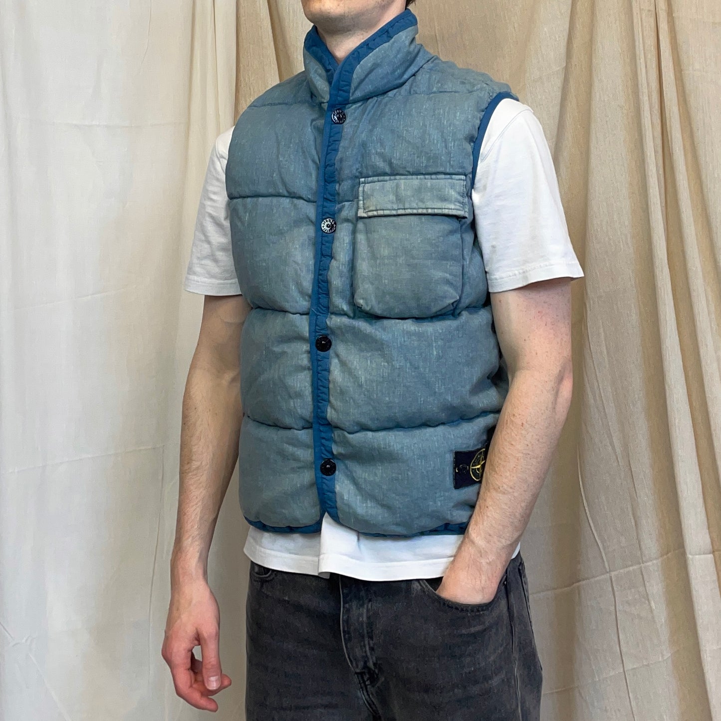 Stone Island Blue AW18 Two-Tone Lino Resinato Down-TC Puffer Gilet