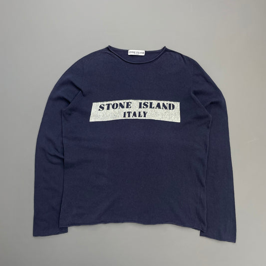 Stone Island Navy 00s 'Italy' Lightweight Raw-Edge Spellout Knit Jumper