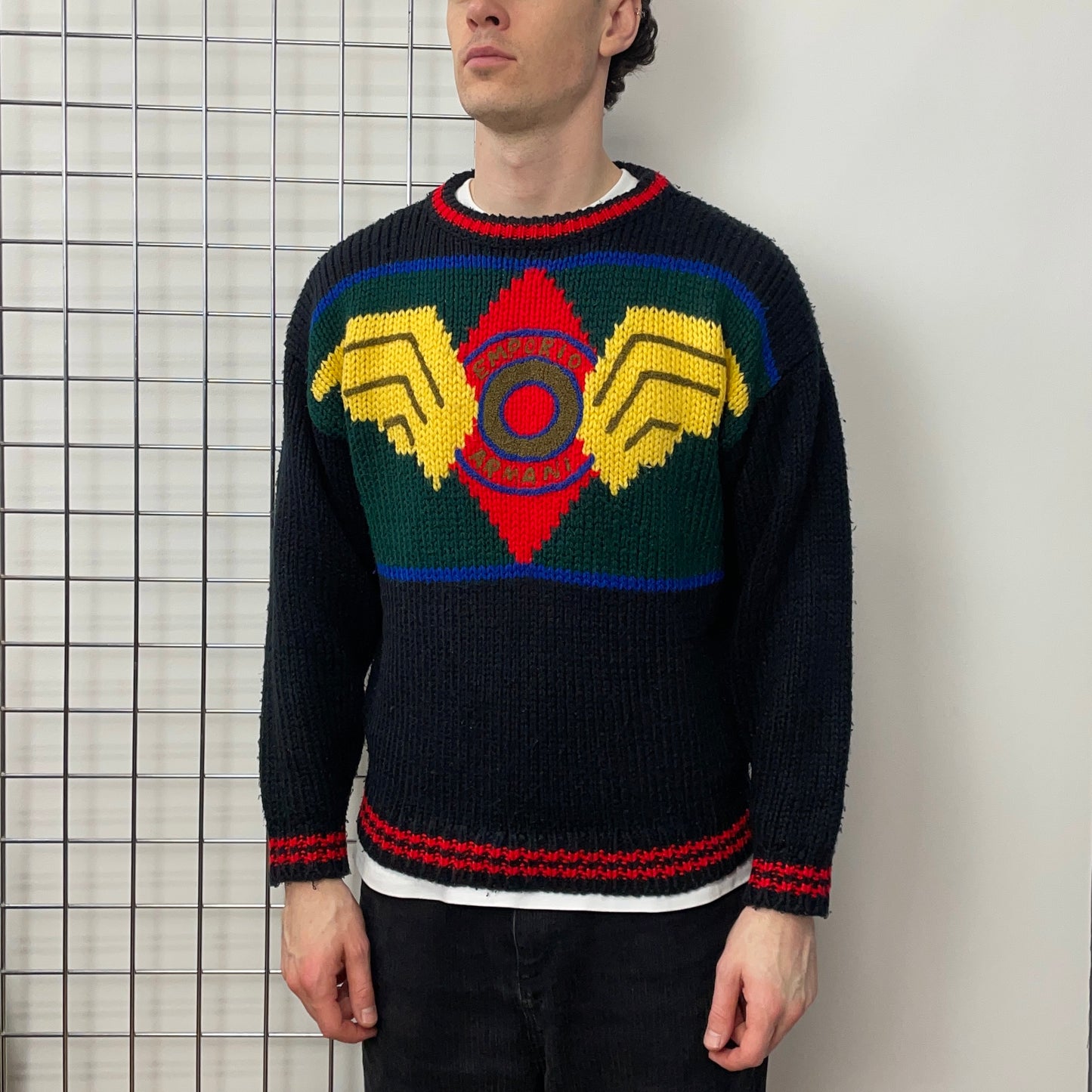 Emporio Armani Black Multi-Colour 80s Chunky Wool Knit Jumper