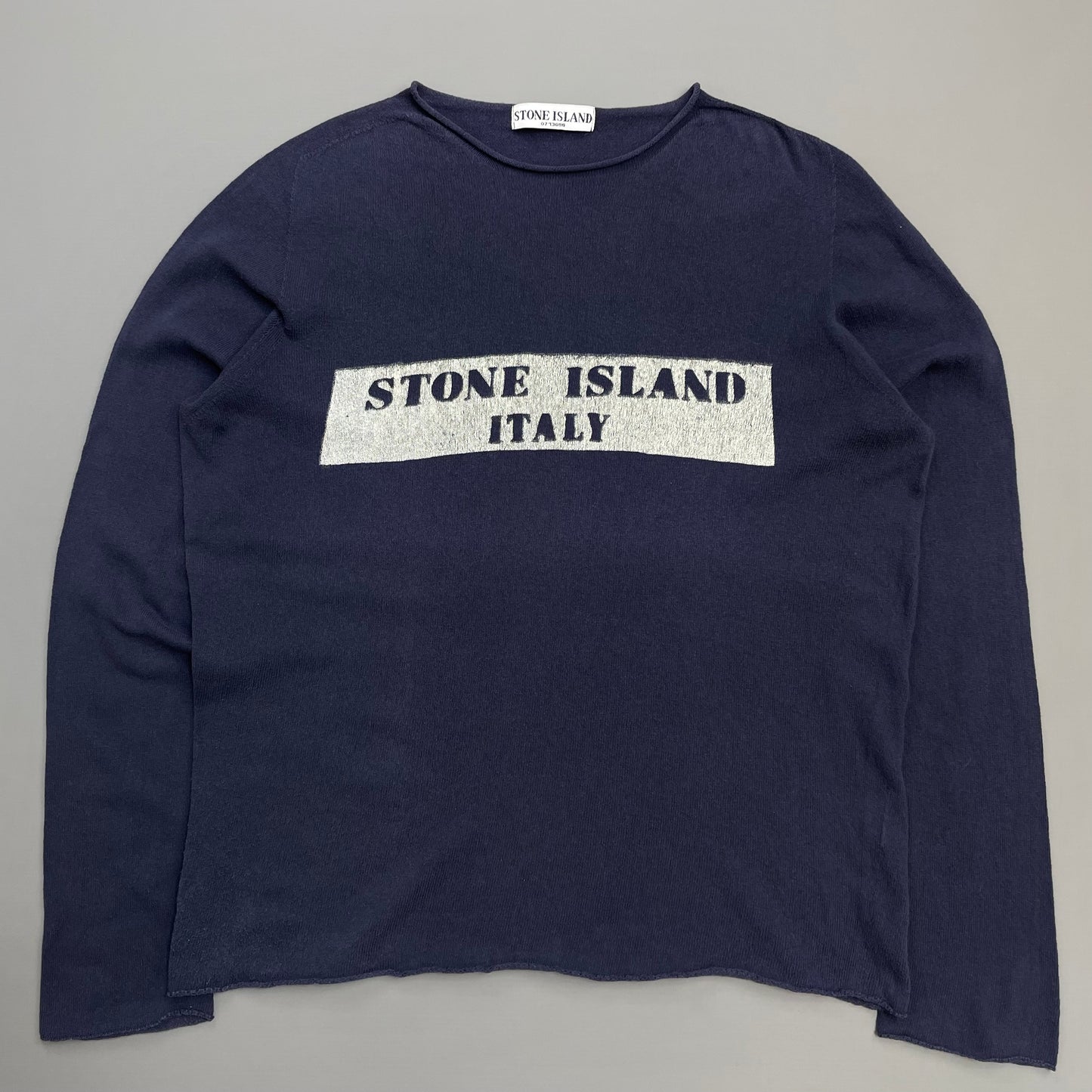 Stone Island Navy 00s 'Italy' Lightweight Raw-Edge Spellout Knit Jumper