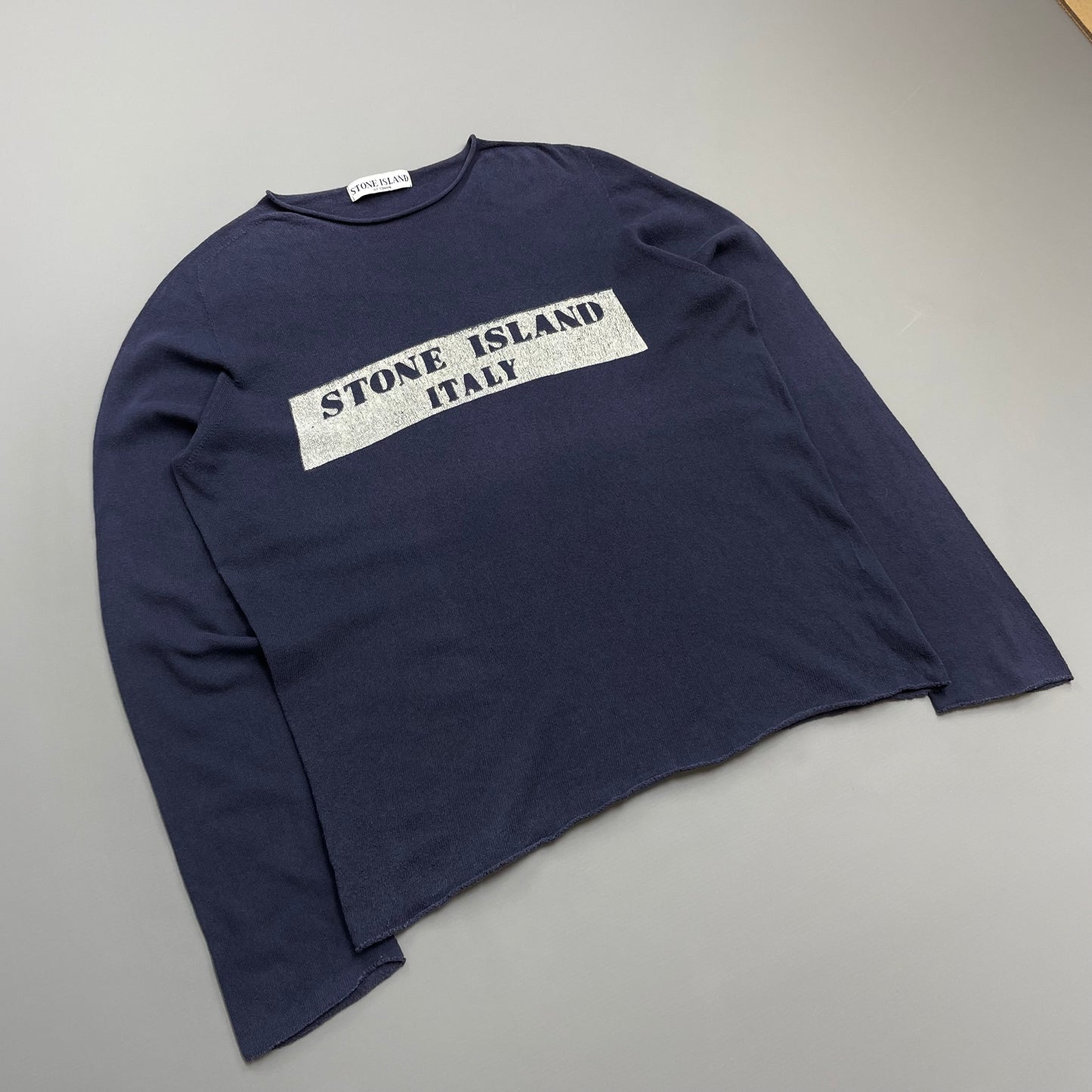 Stone Island Navy 00s 'Italy' Lightweight Raw-Edge Spellout Knit Jumper