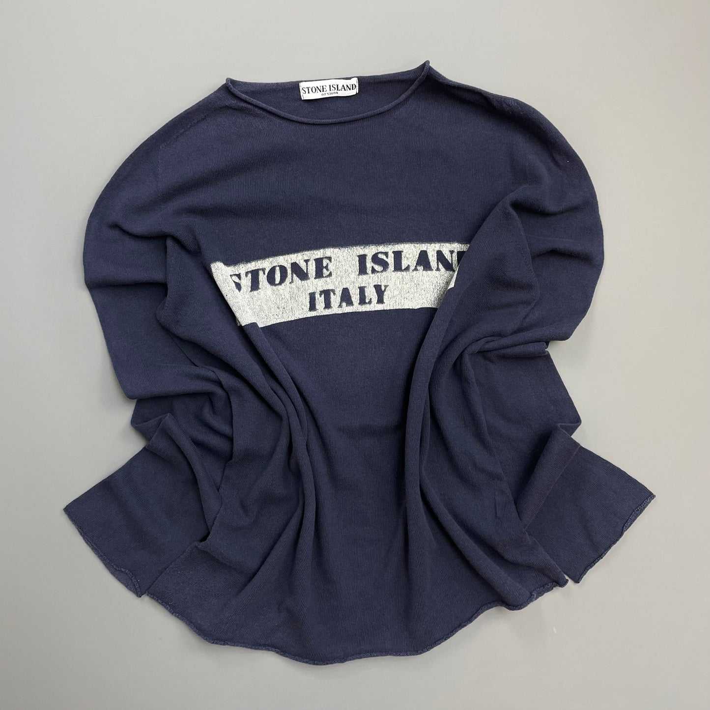 Stone Island Navy 00s 'Italy' Lightweight Raw-Edge Spellout Knit Jumper