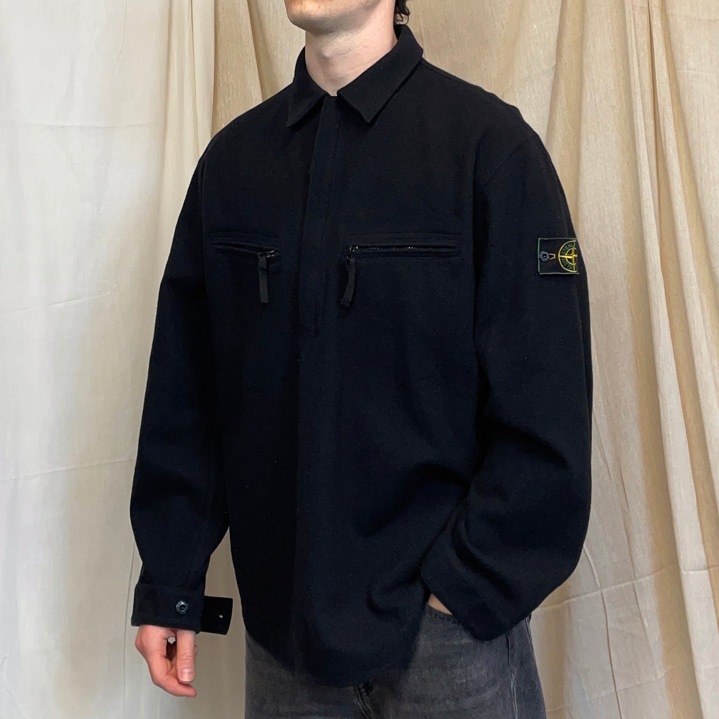 Stone Island Black AW98 Wool Half-Zip Green Edge Badge Smock Overshirt
