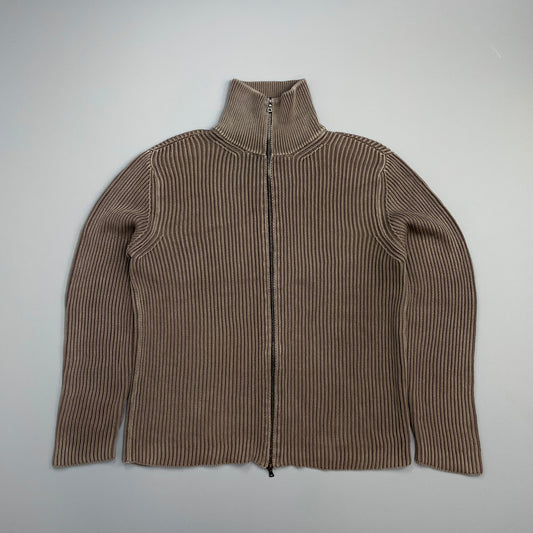 Prada Mainline Brown 00s Ribbed Knit Zip-Through Cardigan Jumper