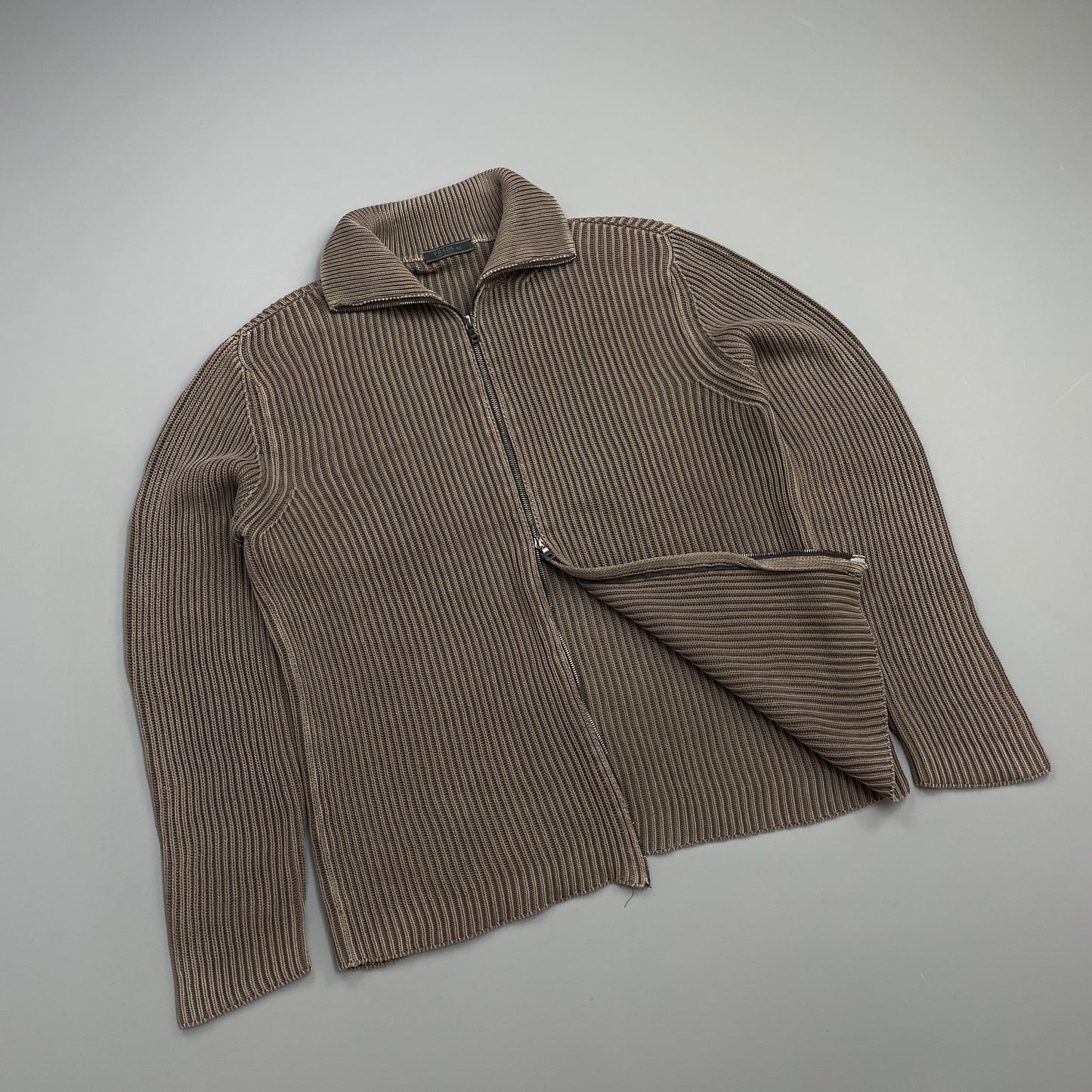 Prada Mainline Brown 00s Ribbed Knit Zip-Through Cardigan Jumper