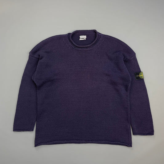 Stone Island Navy SS95 Chunky Raw-Edge Heavyweight Green Edge Badge Knit Jumper