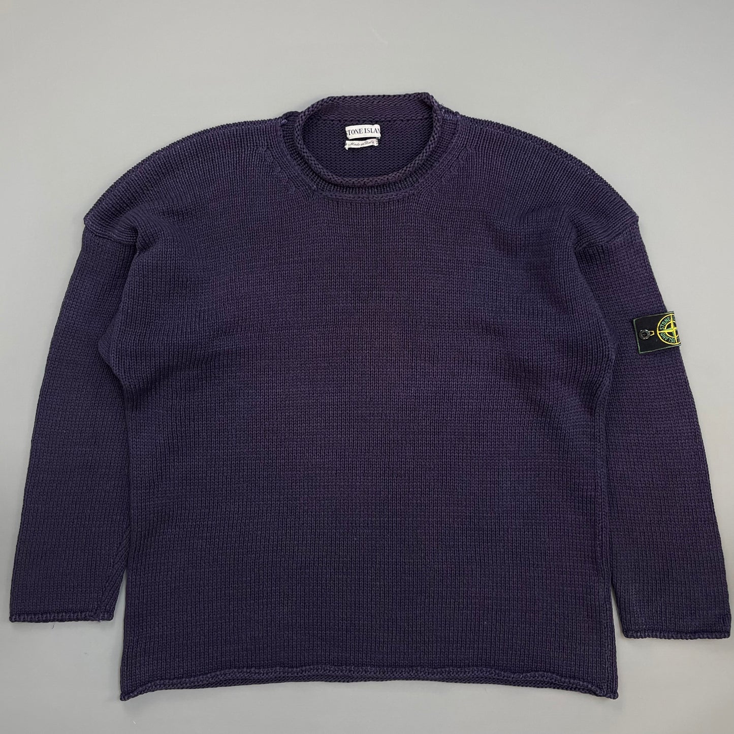 Stone Island Navy SS95 Chunky Raw-Edge Heavyweight Green Edge Badge Knit Jumper