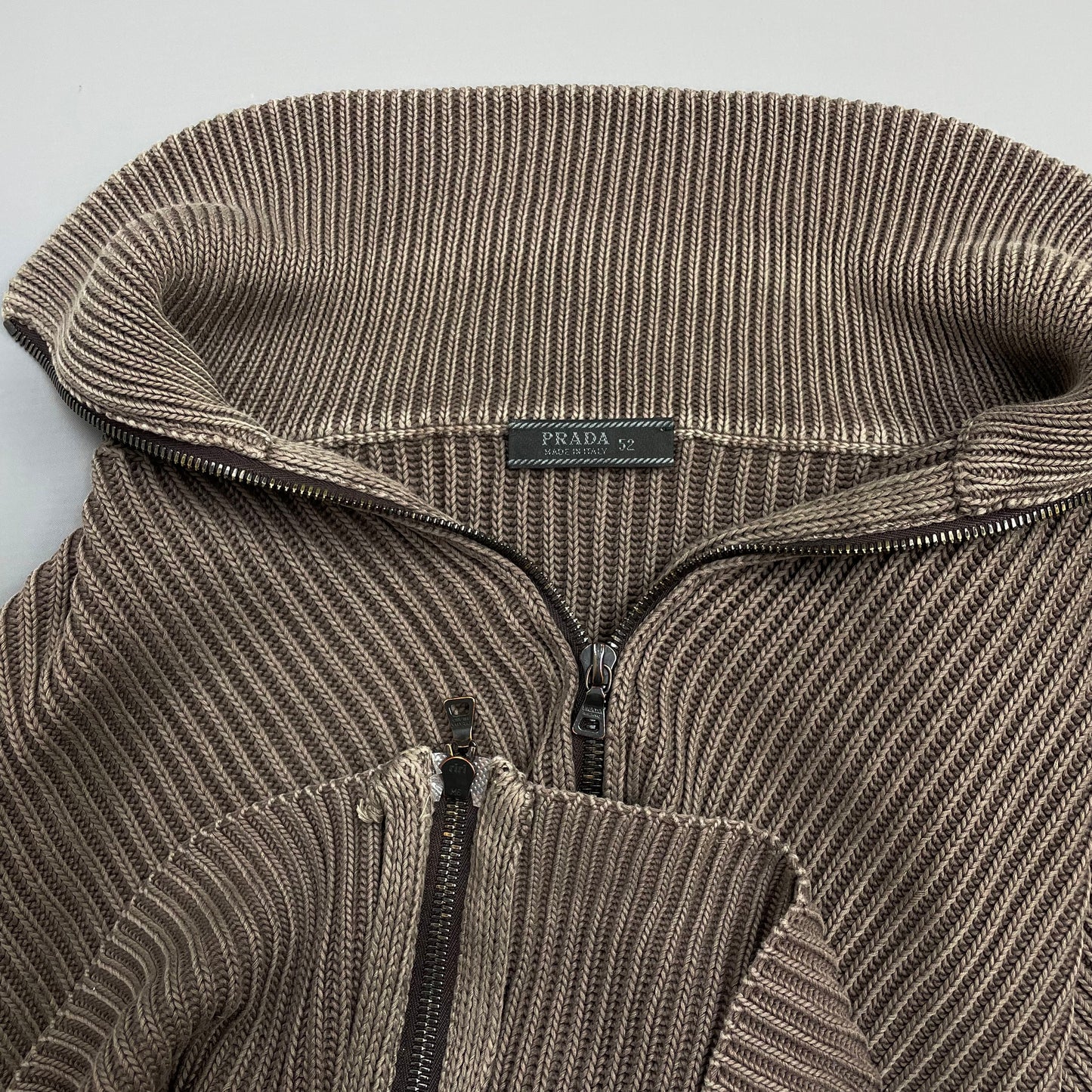 Prada Mainline Brown 00s Ribbed Knit Zip-Through Cardigan Jumper