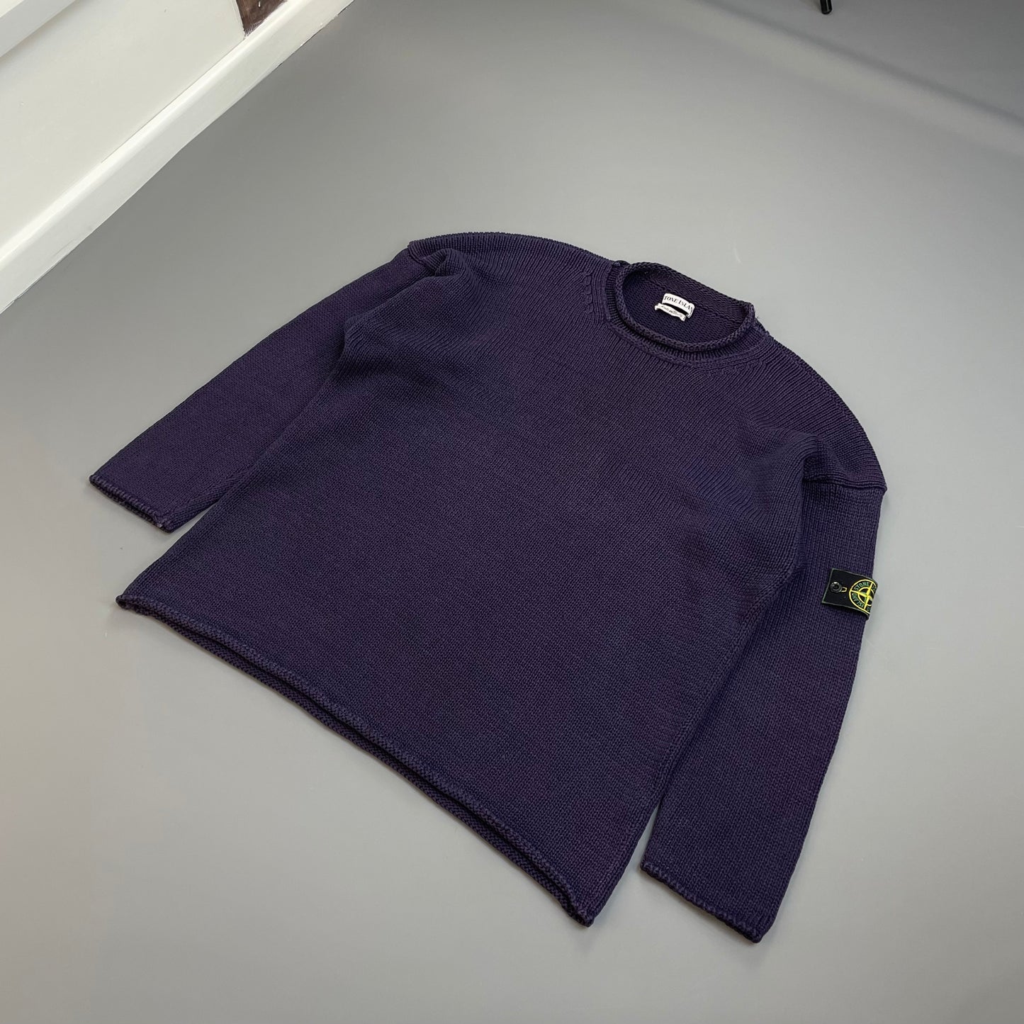 Stone Island Navy SS95 Chunky Raw-Edge Heavyweight Green Edge Badge Knit Jumper