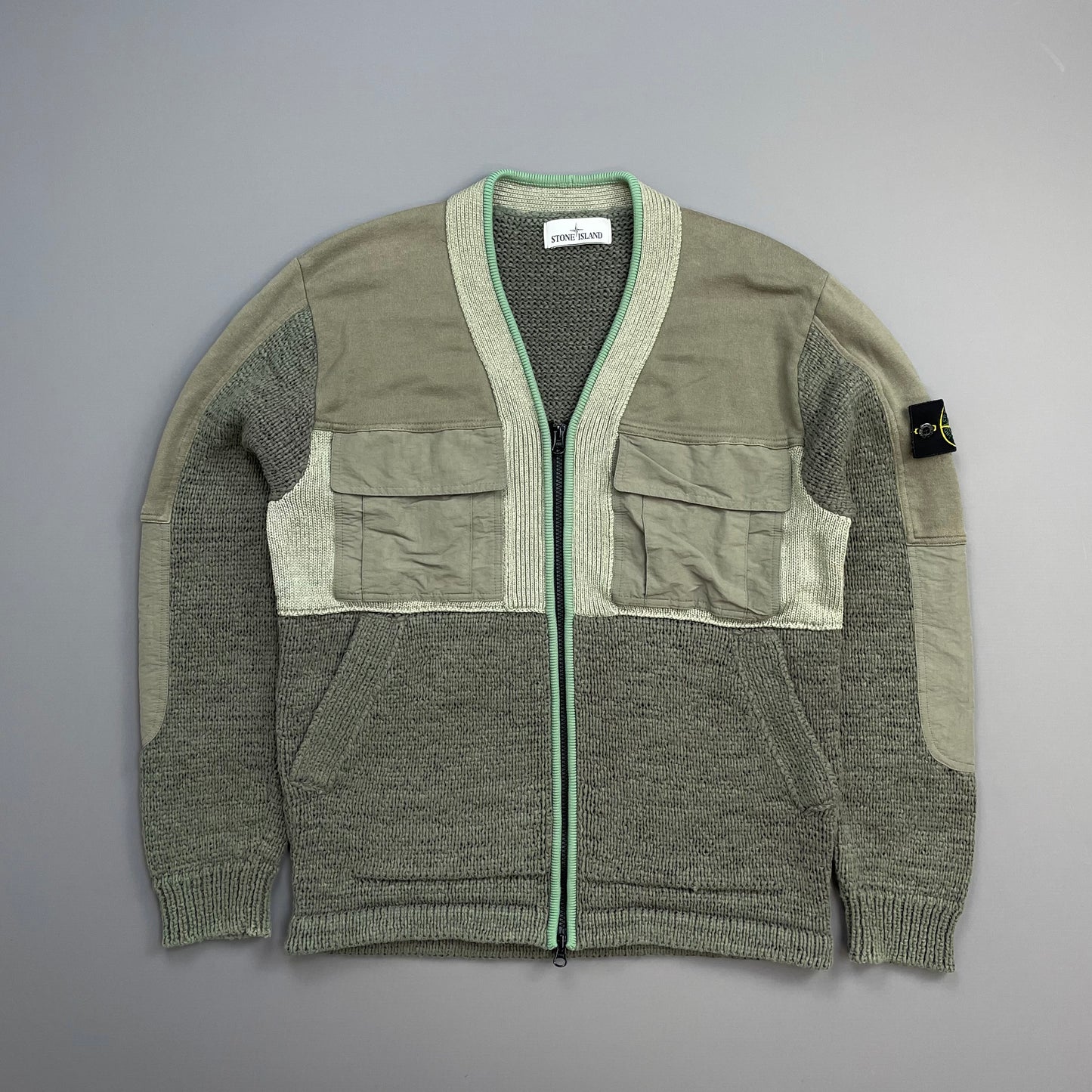 Stone Island Green SS19 Knit Panelled Cardigan Jacket