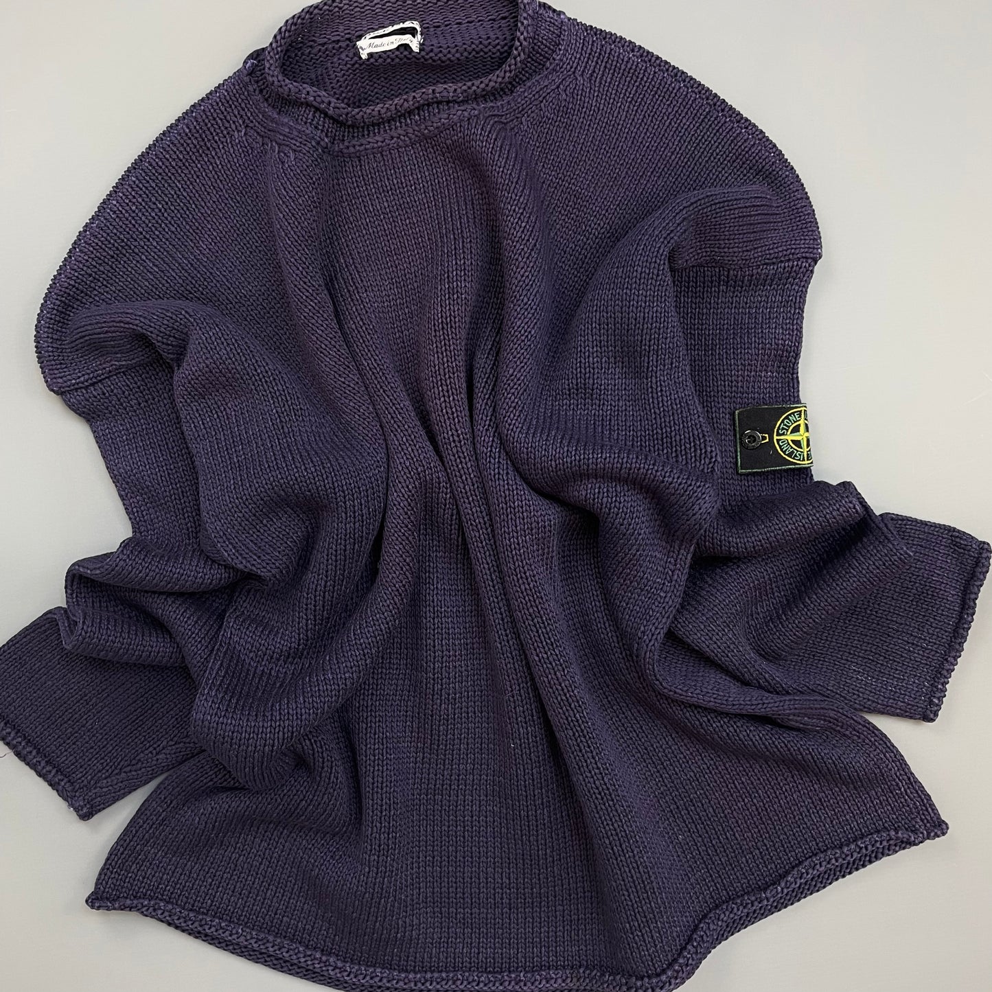 Stone Island Navy SS95 Chunky Raw-Edge Heavyweight Green Edge Badge Knit Jumper
