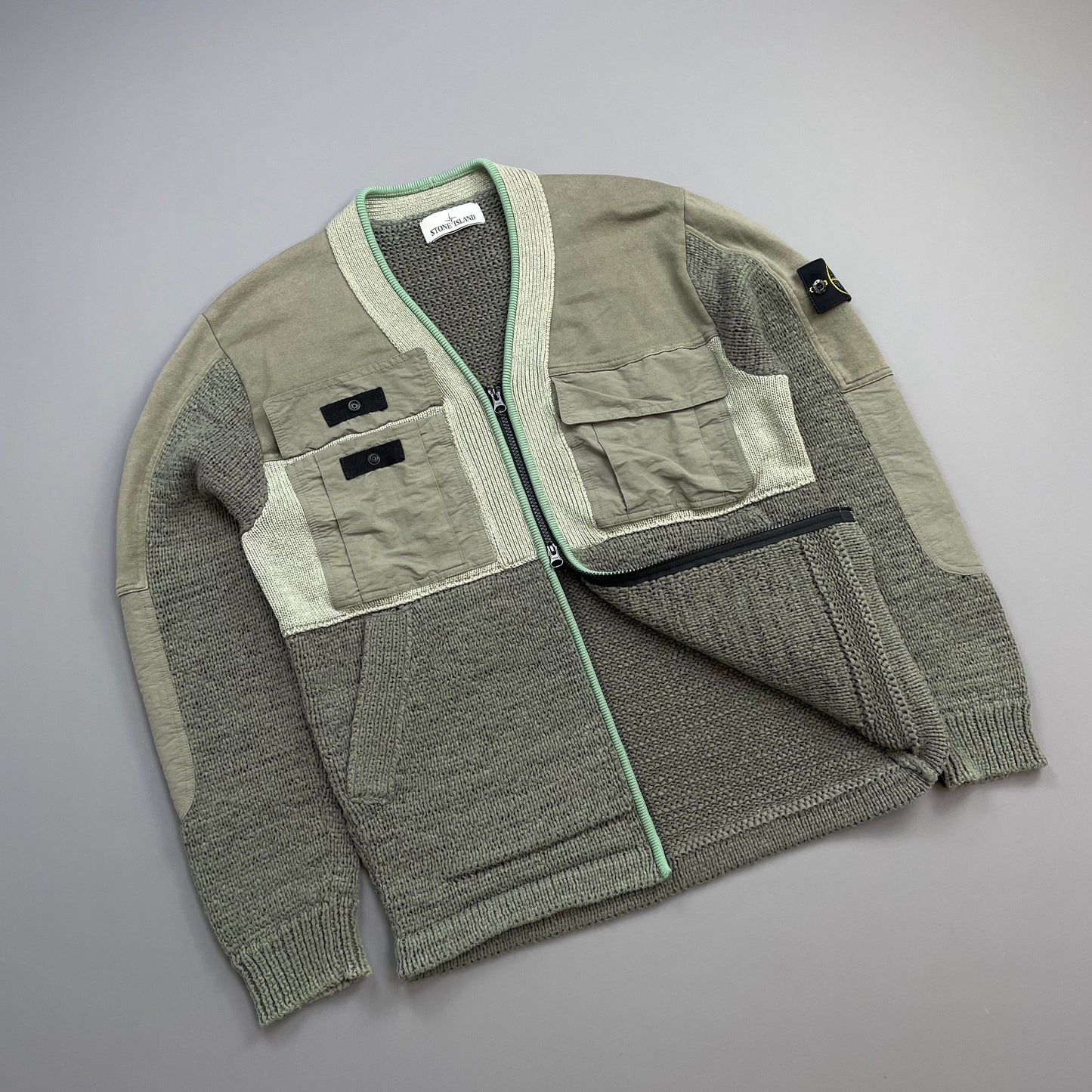 Stone Island Green SS19 Knit Panelled Cardigan Jacket