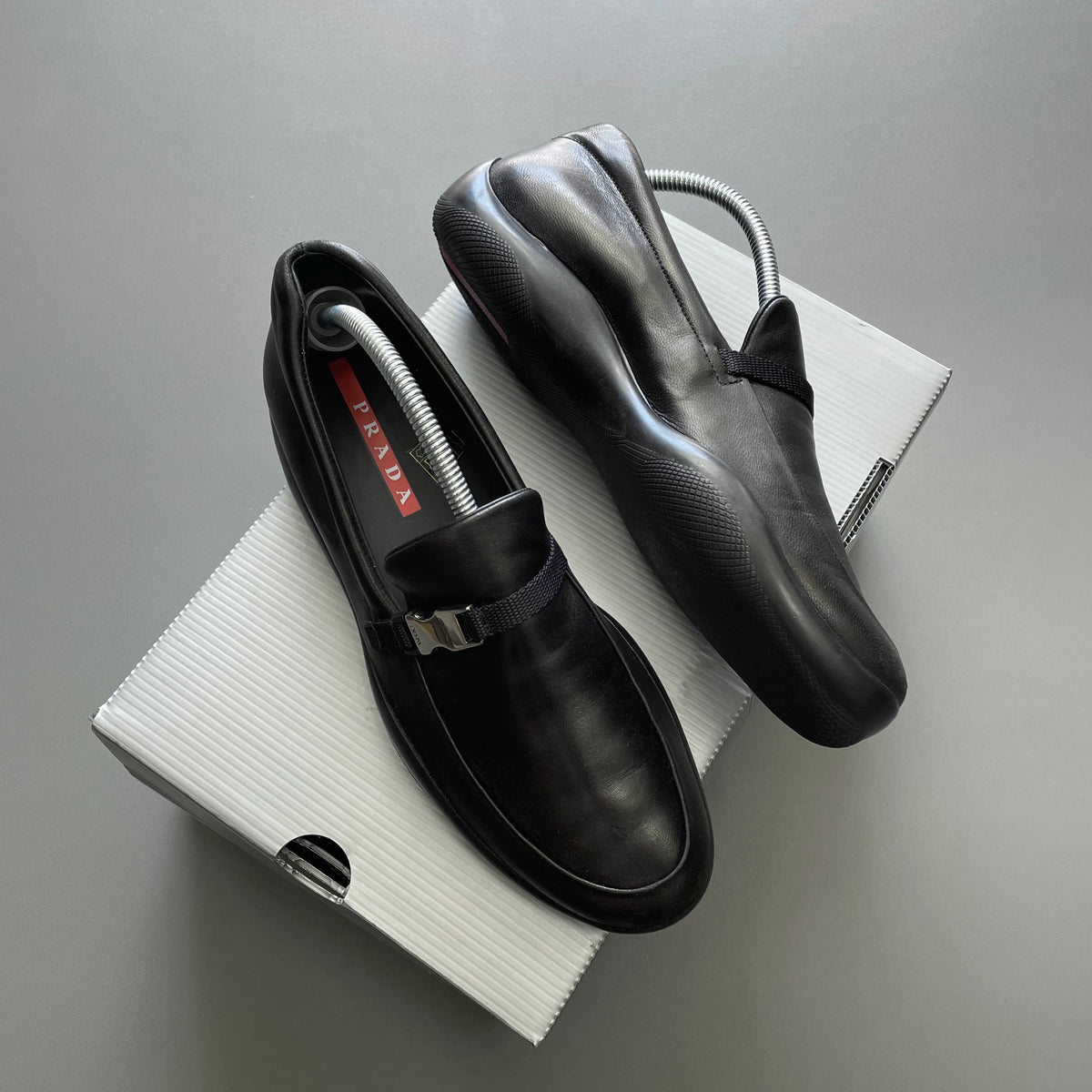 Prada Sport Black AW03 Women's Donatella Leather Buckle Loafers