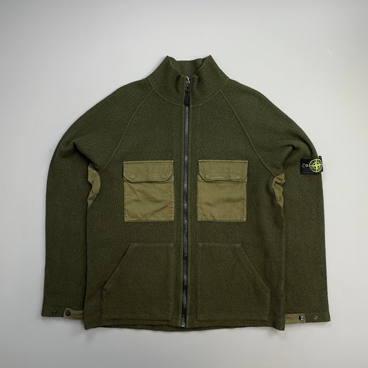 Stone Island Khaki Green AW05 Wool Blend Knit Zip-Through Jacket
