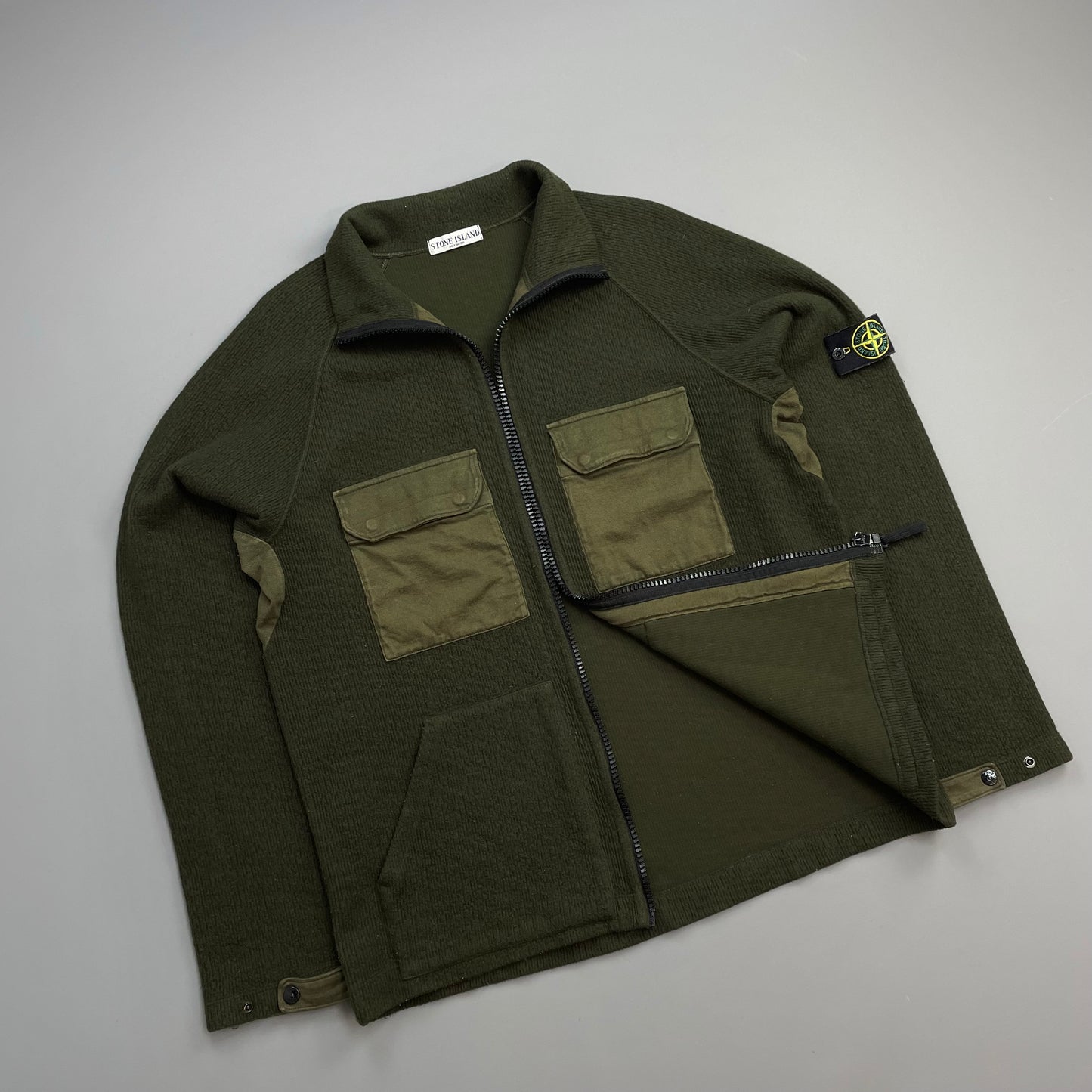 Stone Island Khaki Green AW05 Wool Blend Knit Zip-Through Jacket