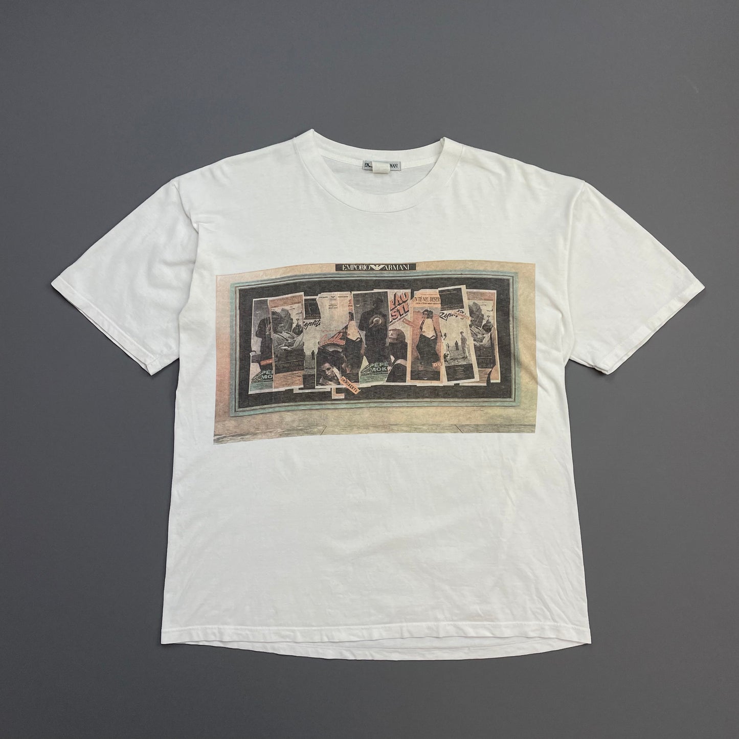Emporio Armani White 90s Newspaper Print Graphic Tee