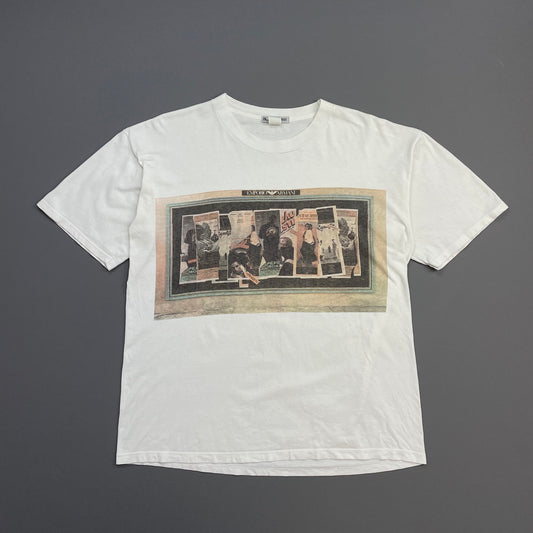 Emporio Armani White 90s Newspaper Print Graphic Tee