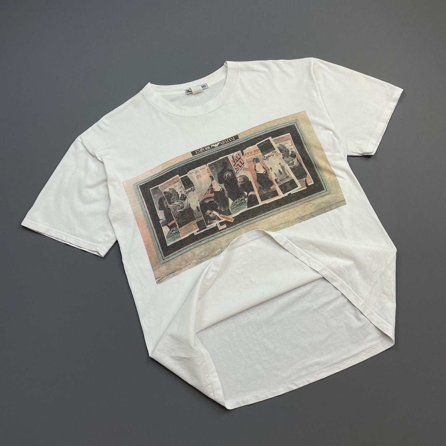 Emporio Armani White 90s Newspaper Print Graphic Tee