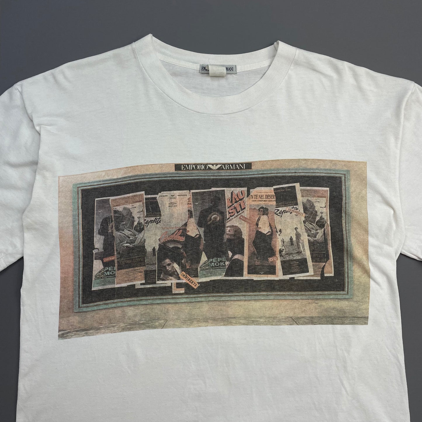 Emporio Armani White 90s Newspaper Print Graphic Tee