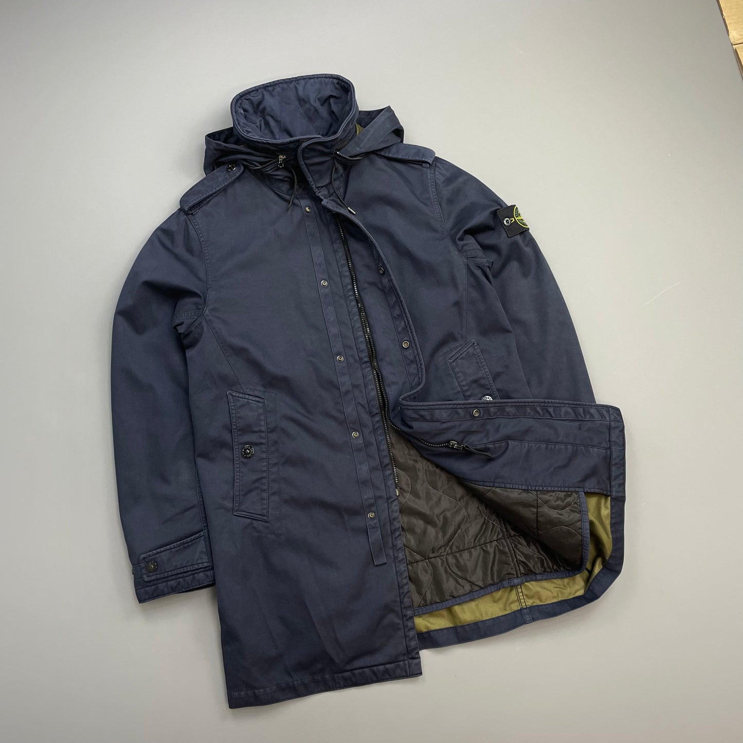 Stone Island Navy AW11 Raso-R Concealed Hood Quilt-Lined Overcoat