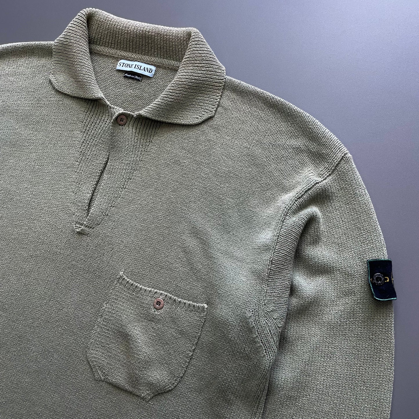 Stone Island Green SS97 Collared Green Edge Badge Knit Jumper