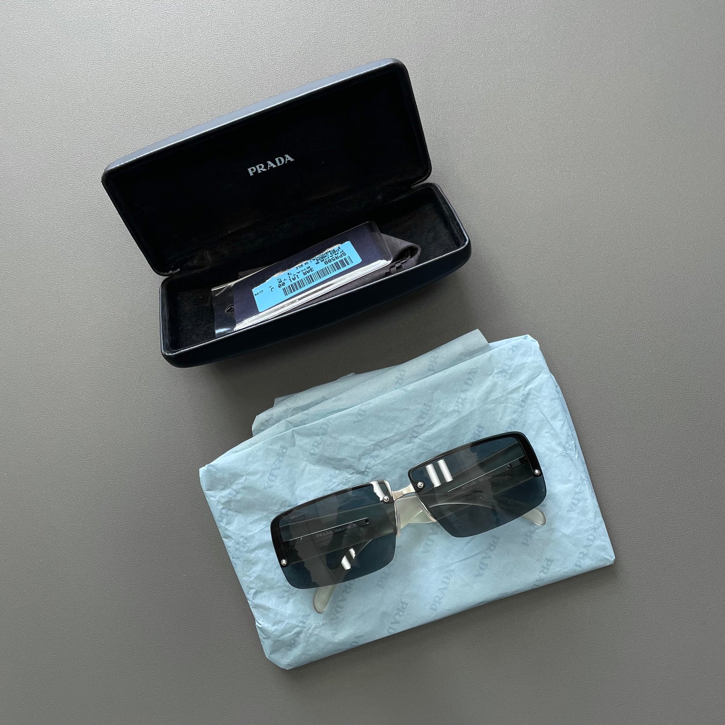 Prada Blue & Clear 00s Women's Rimless Rectangle Sunglasses