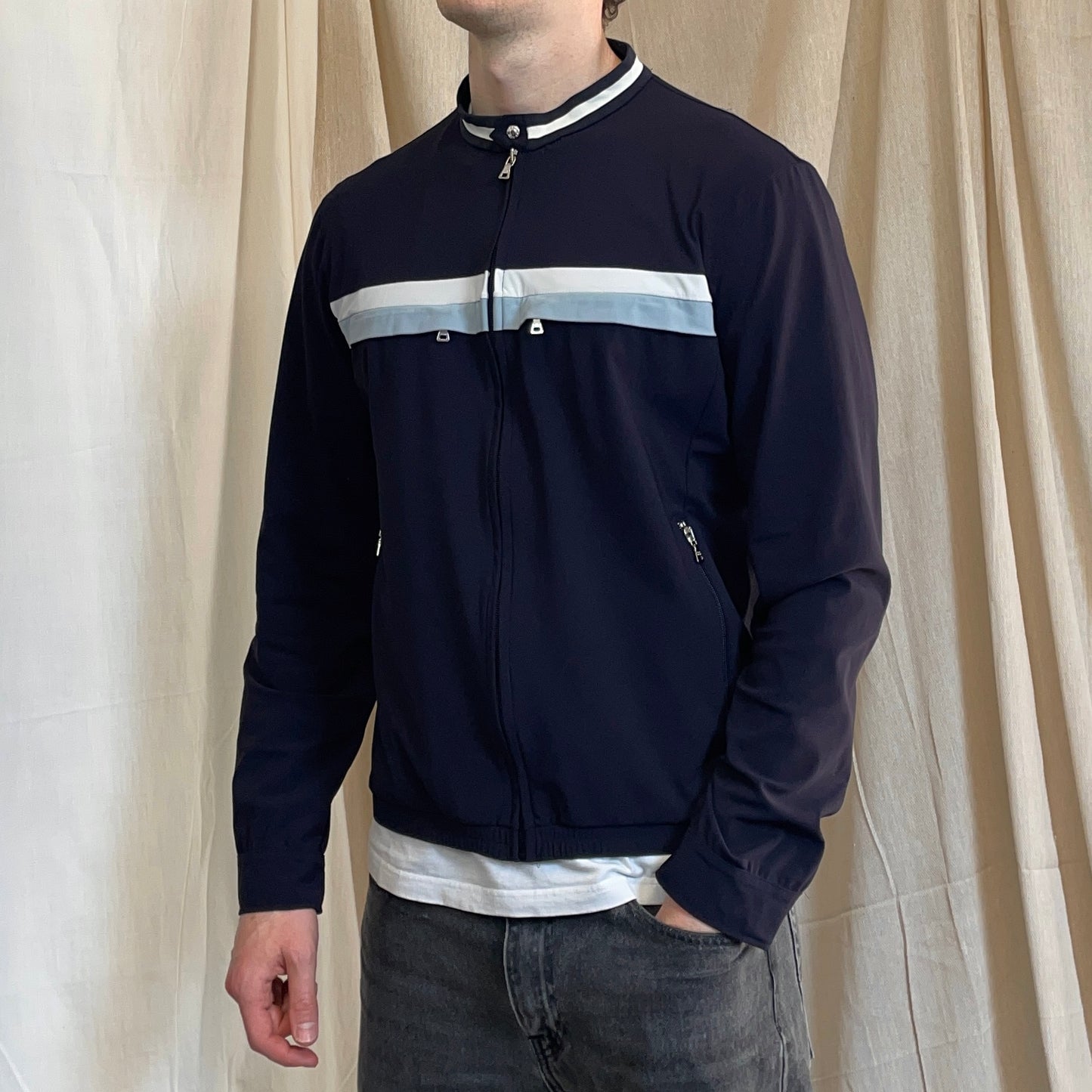 Prada Sport Navy Nylon Stripe Chest Panel Track Jacket