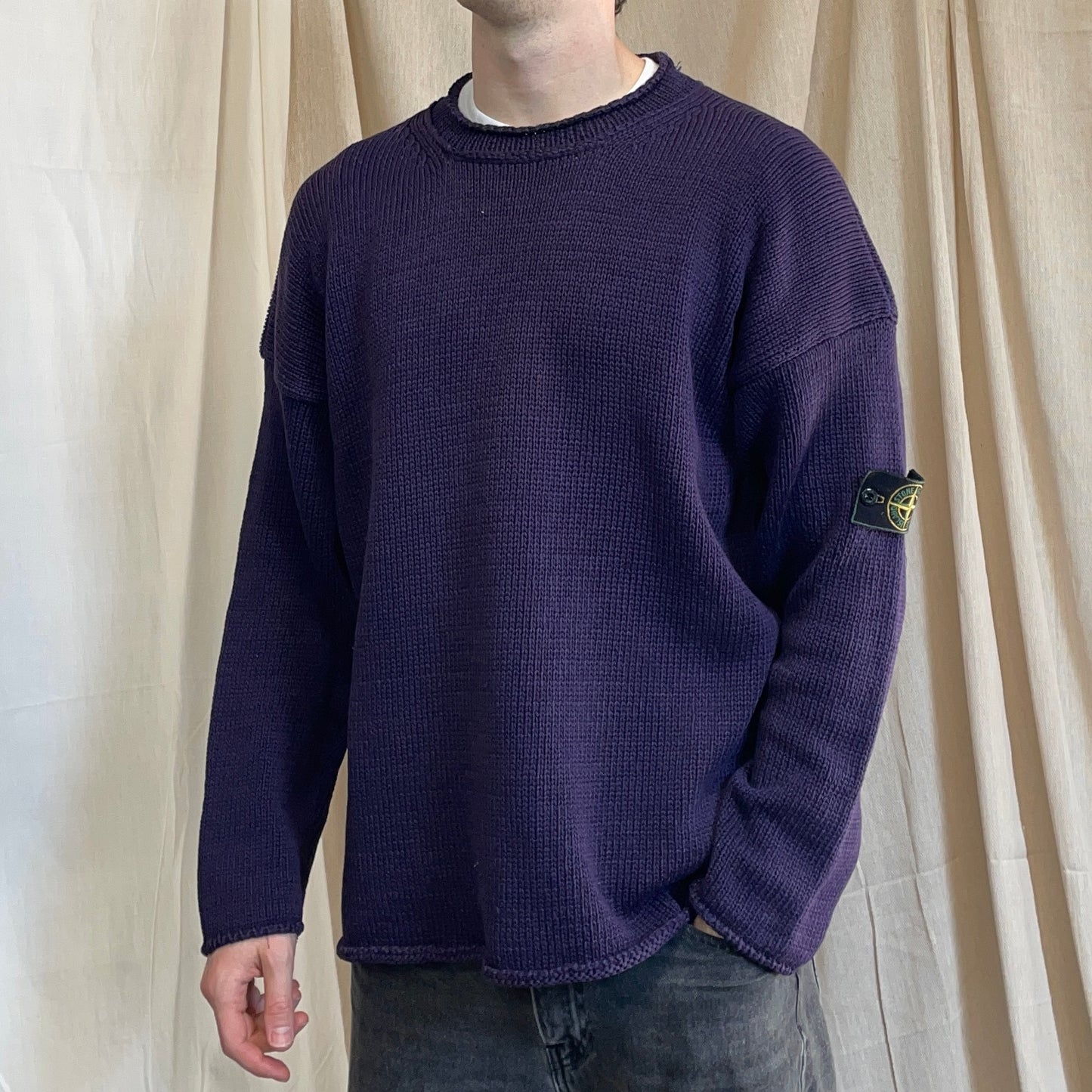 Stone Island Navy SS95 Chunky Raw-Edge Heavyweight Green Edge Badge Knit Jumper