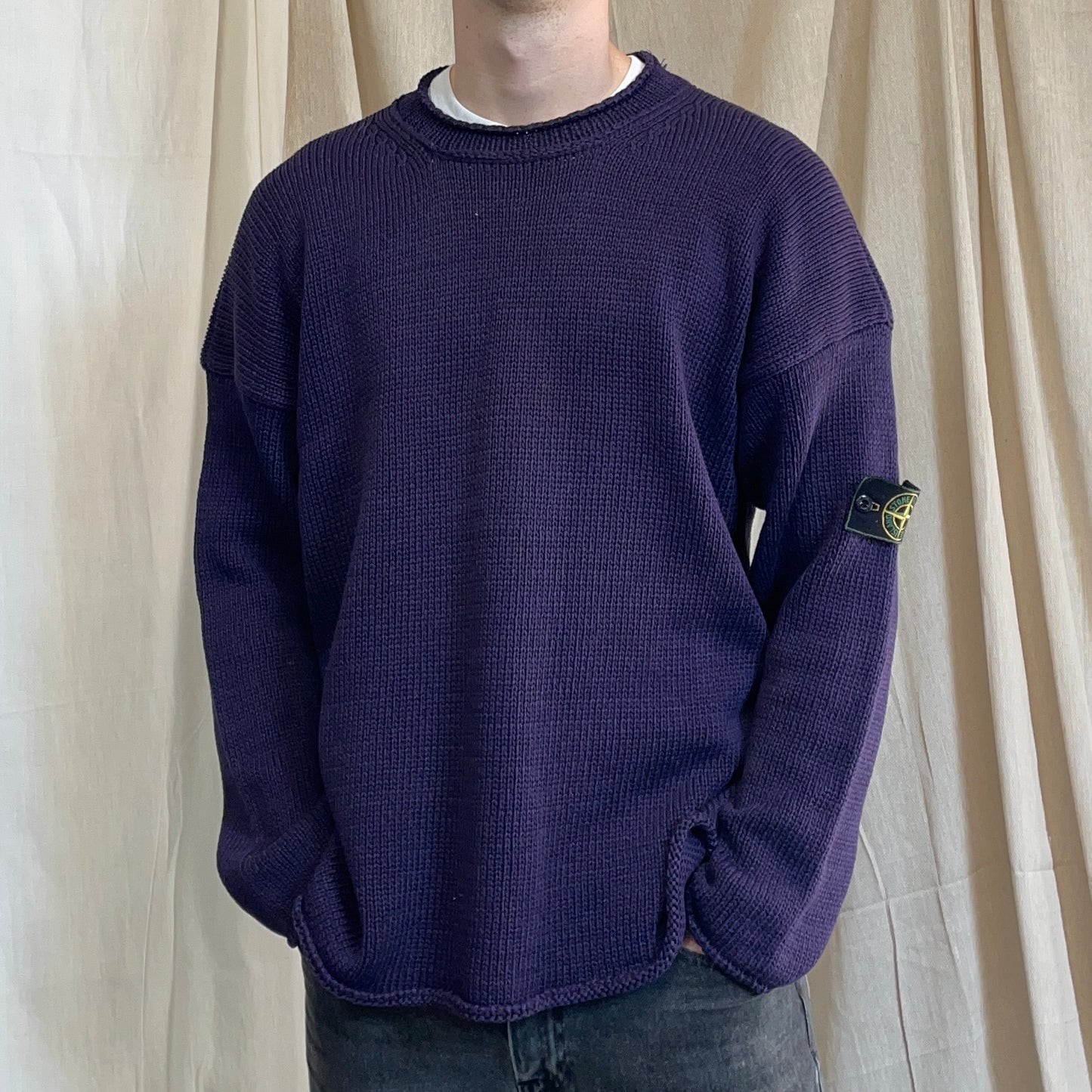 Stone Island Navy SS95 Chunky Raw-Edge Heavyweight Green Edge Badge Knit Jumper