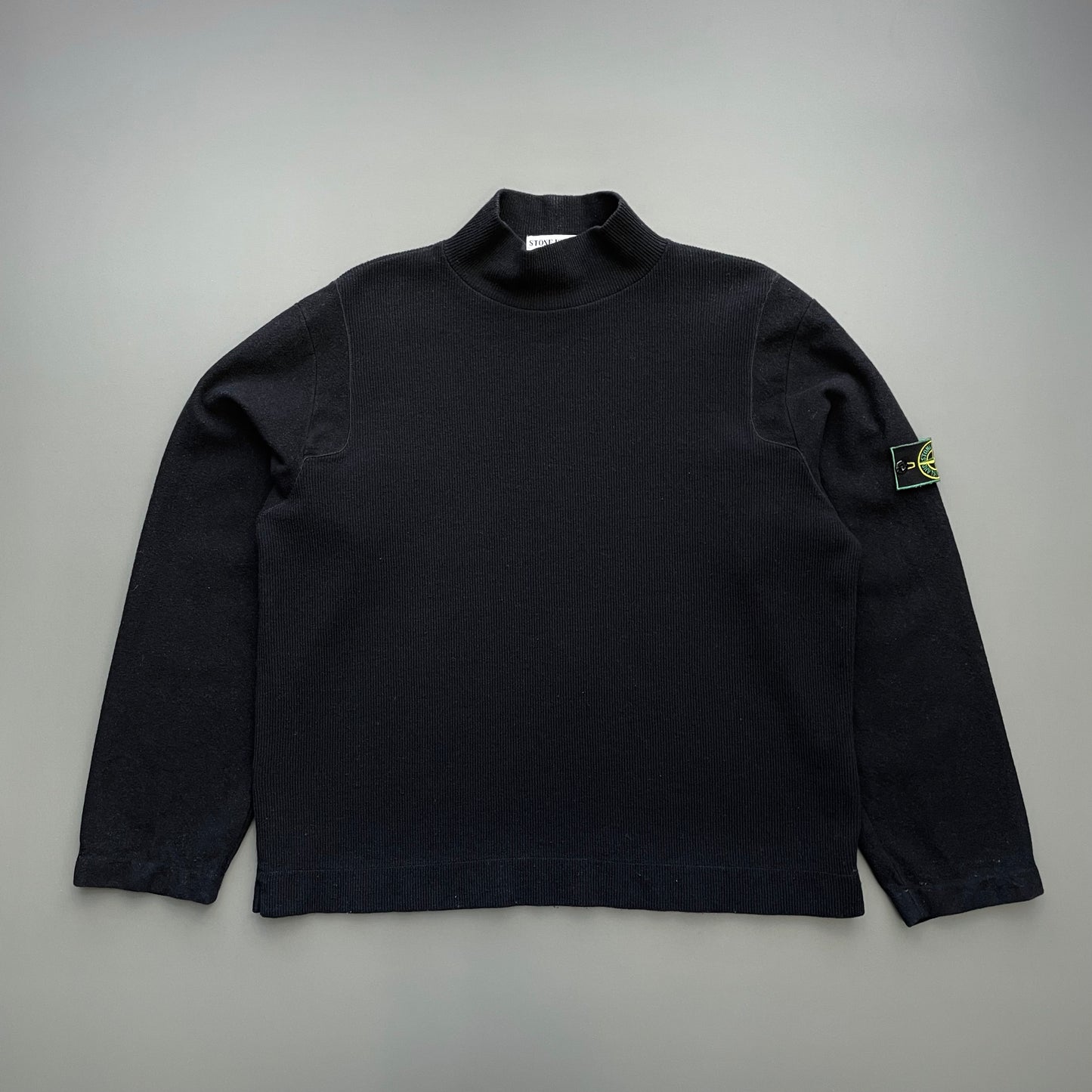 Stone Island Black AW99 Wool Blend Fine Rib Mock Neck Green Edge Badge Jumper