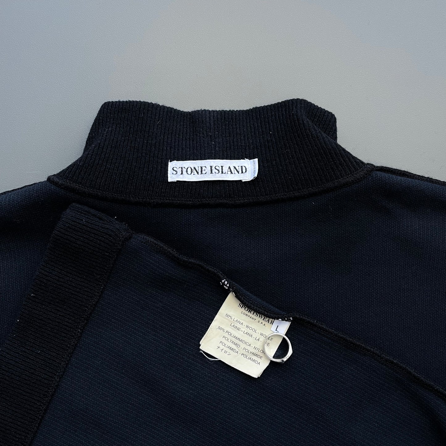 Stone Island Black AW99 Wool Blend Fine Rib Mock Neck Green Edge Badge Jumper