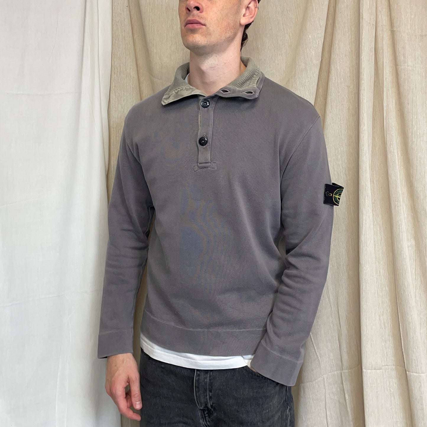 Stone Island Grey AW00 Dual Knit Collar Button-Up Jumper