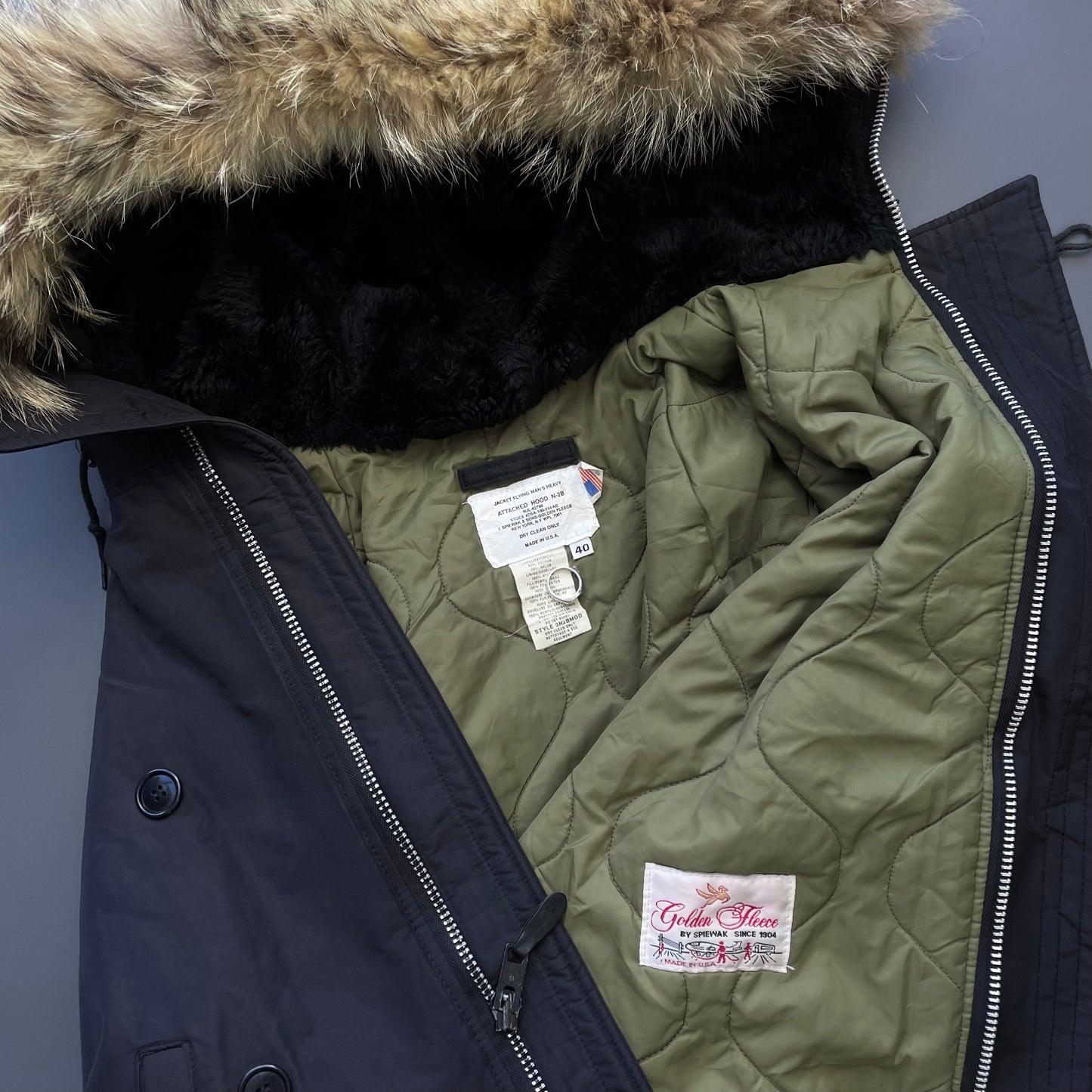 Spiewak & Sons 80s Golden Fleece Black Fur Hood Padded N-2B Flight Bomber Jacket