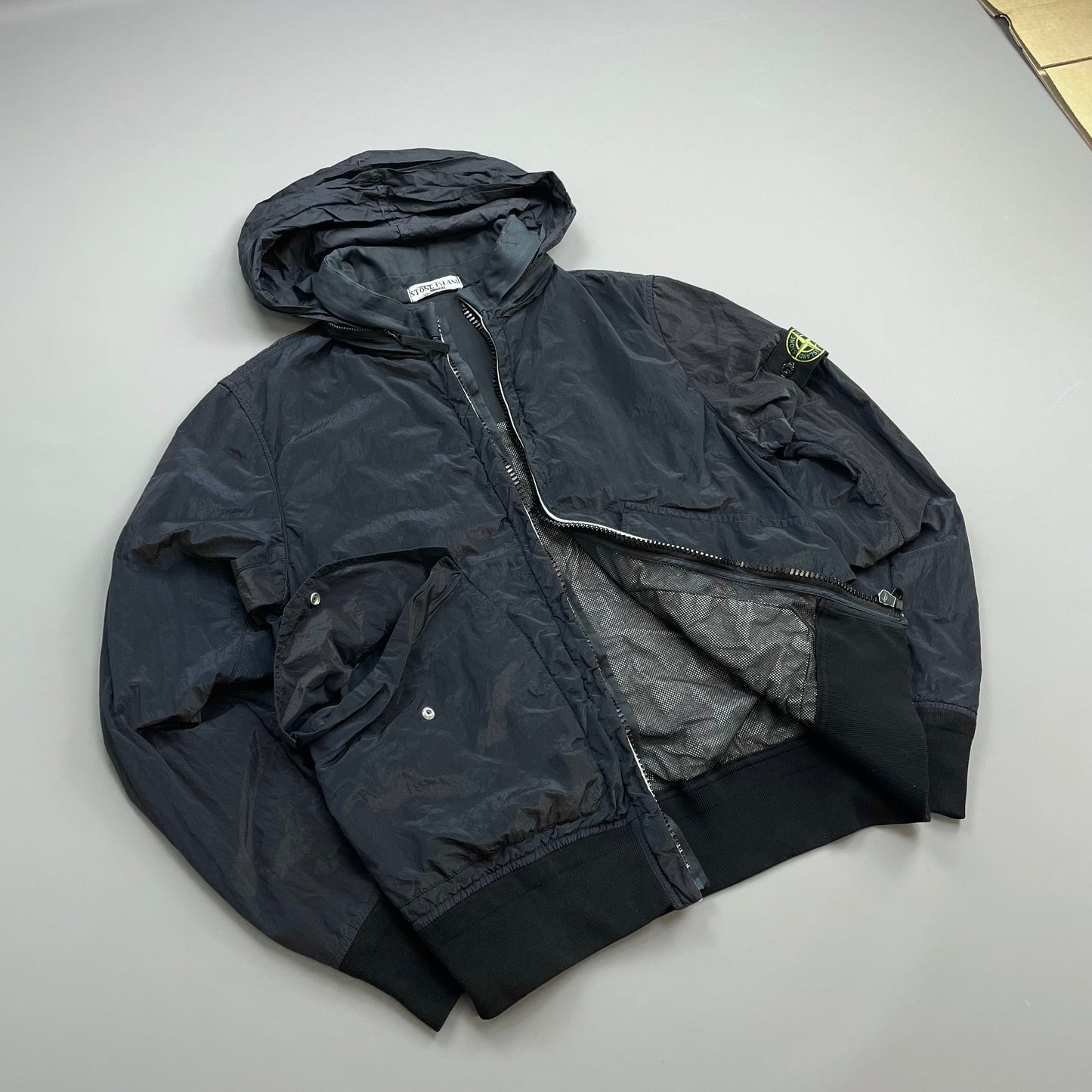 Stone Island Navy SS10 Nylon Metal Concealed Hood Bomber Jacket