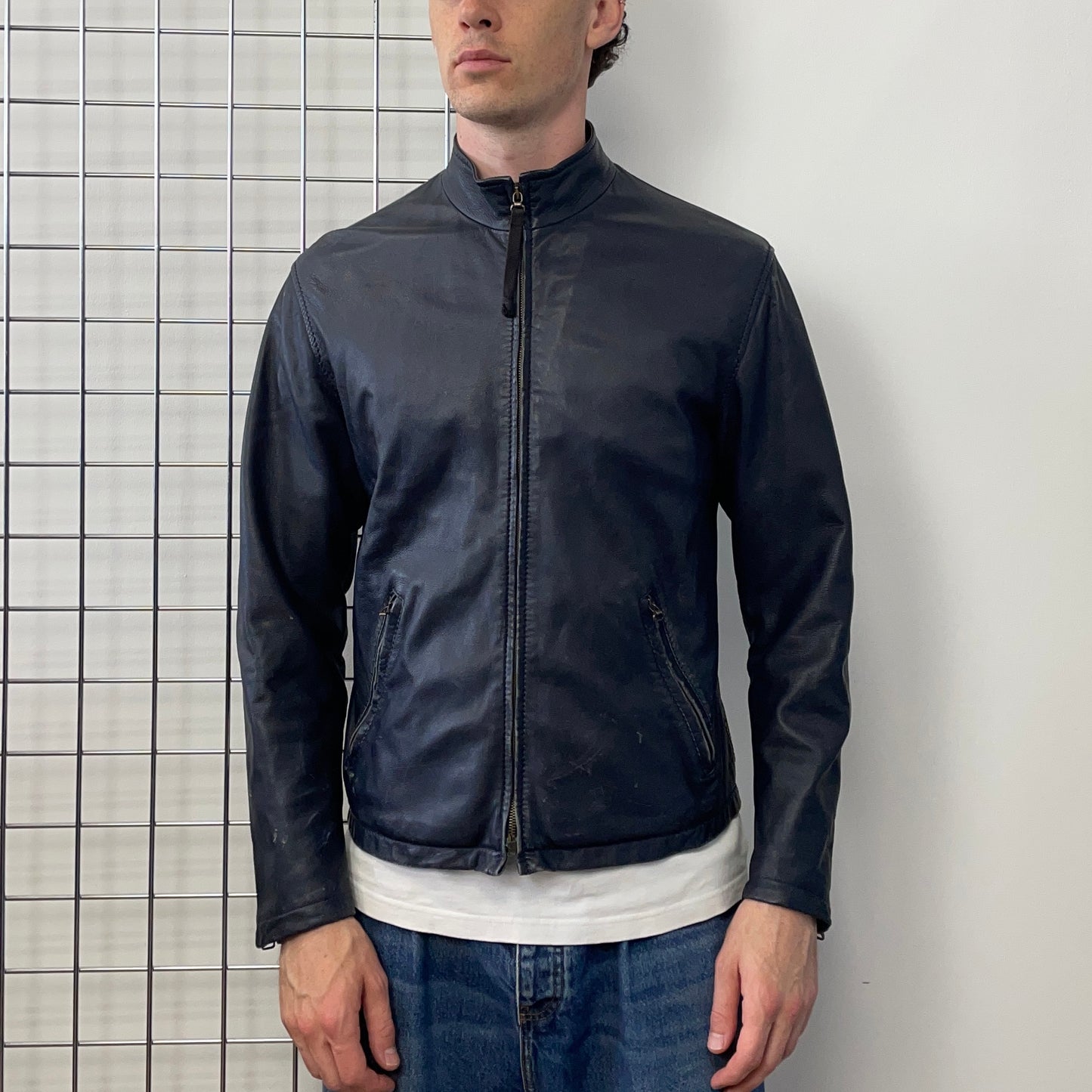 Armani Jeans Navy 90s Technical Leather Biker Jacket