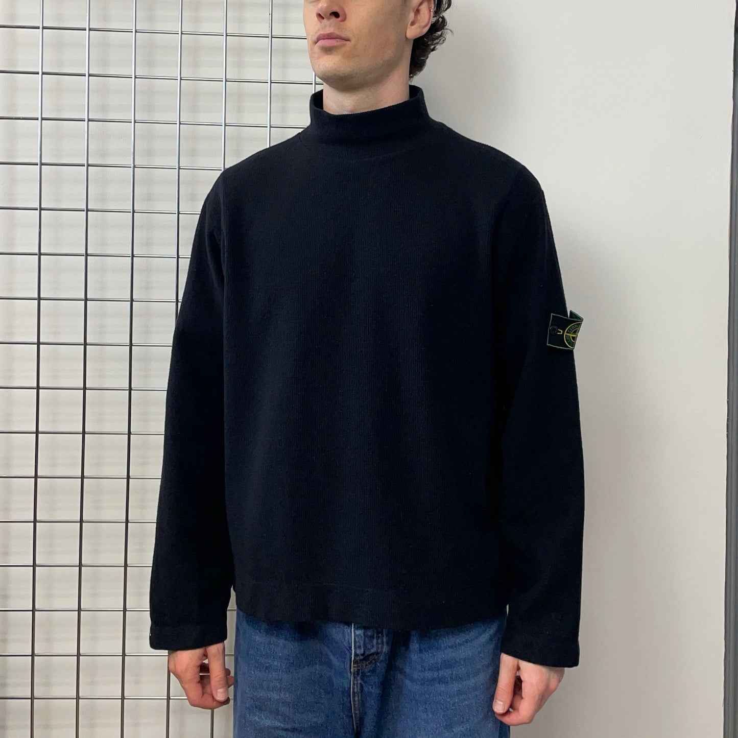 Stone Island Black AW99 Wool Blend Fine Rib Mock Neck Green Edge Badge Jumper