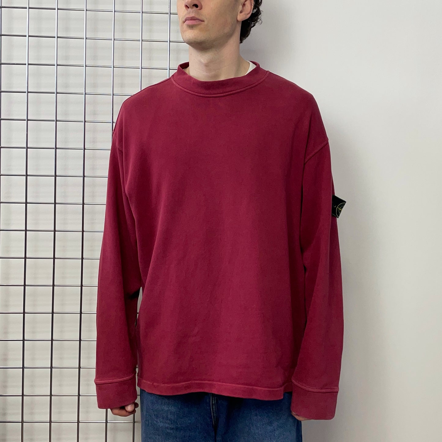 Stone Island Red AW96 Panelled Cotton Green Edge Badge Jumper