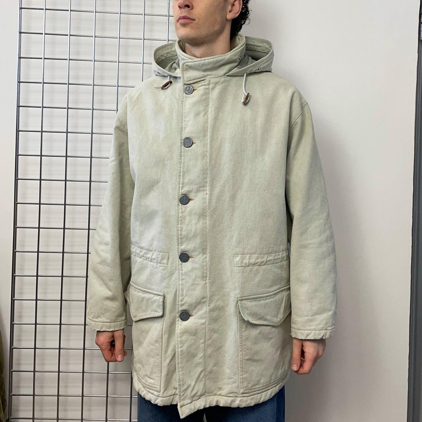 Armani Jeans Worked Fabrics White 90s Hooded Padded Overcoat