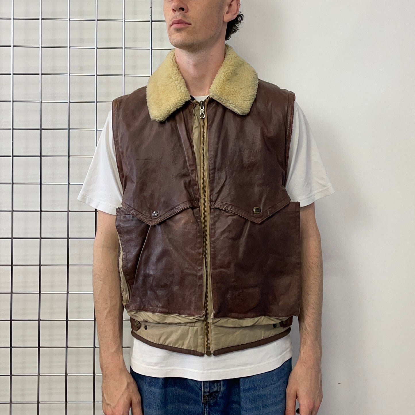 C.P. Company Brown 80s Dutch Police Shearling Leather Gilet