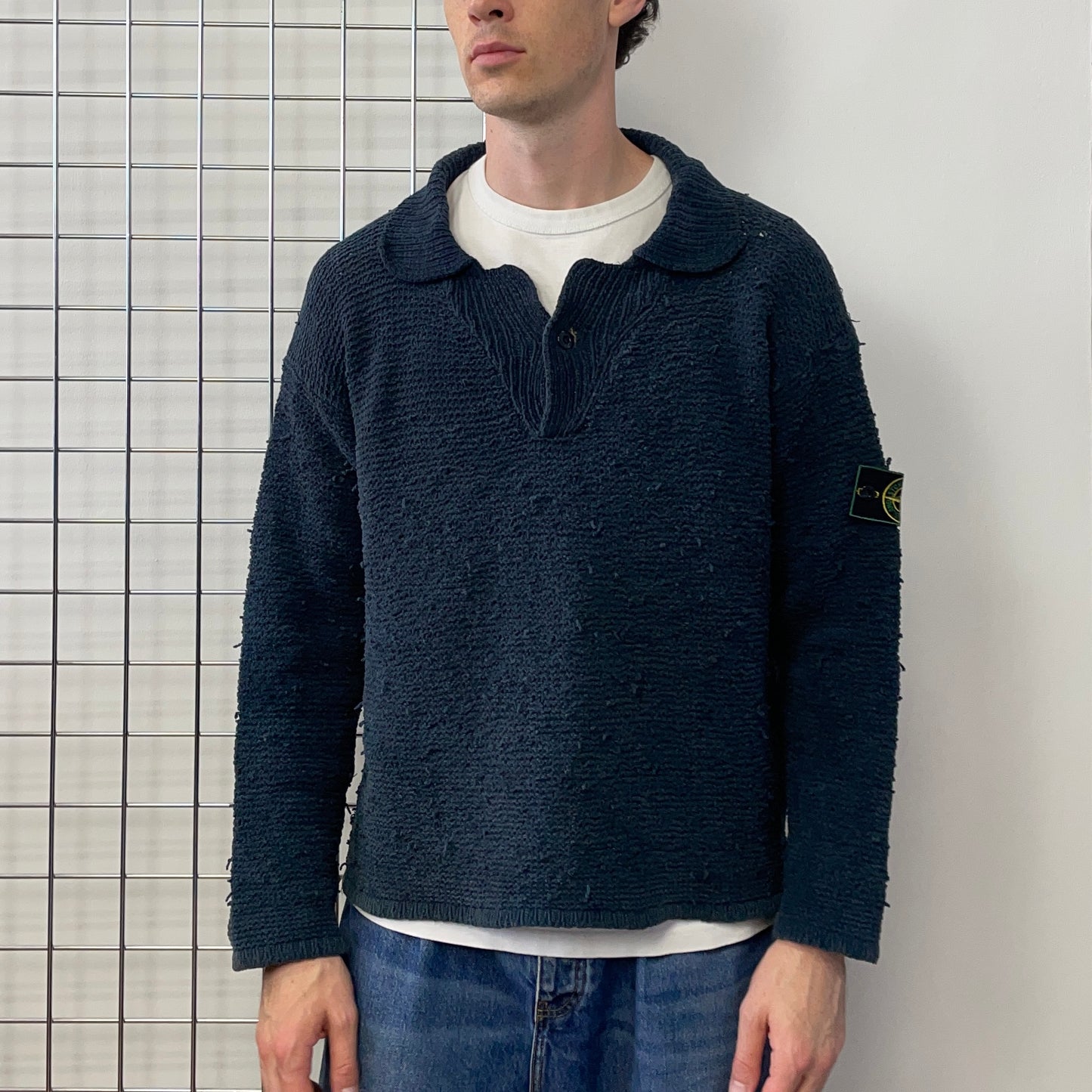 Stone Island Navy SS97 Collared Chenille Knit Jumper